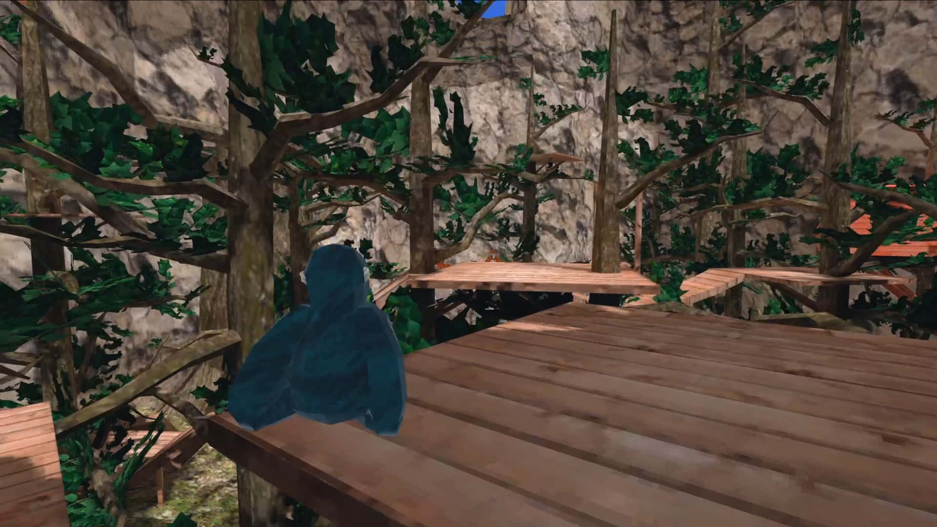 Gorilla Tag, blue hooded figure, wooden platform, Full HD Desktop Wallpaper