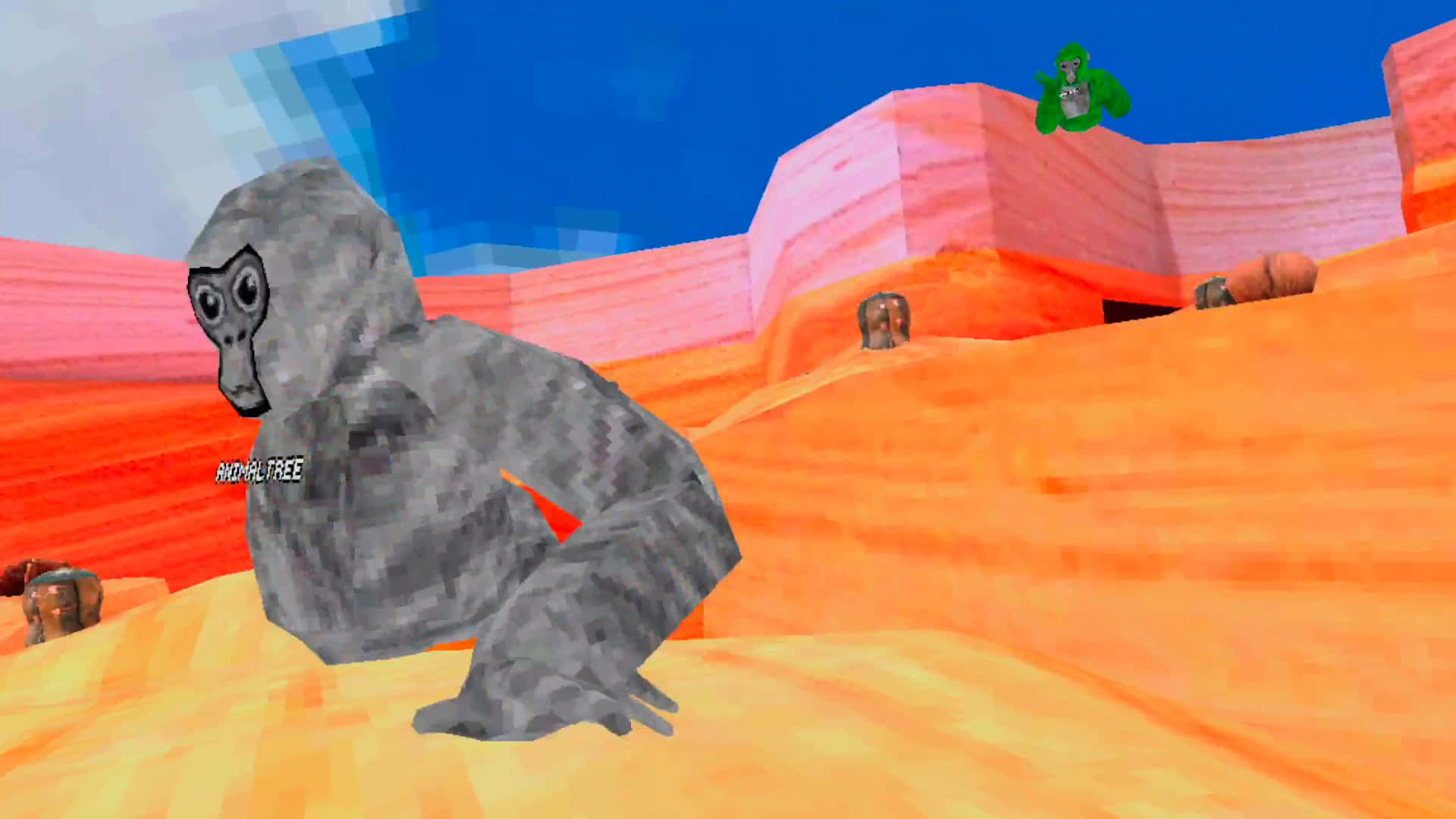 Gorilla Tag, pixelated gray gorilla, vibrant orange desert landscape, Full HD Desktop Wallpaper