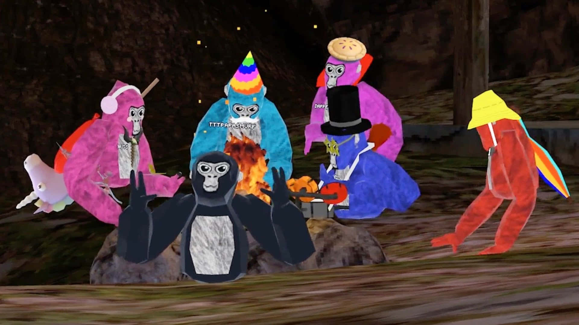 Gorilla Tag, colorful costumes, campfire, Full HD Desktop Wallpaper