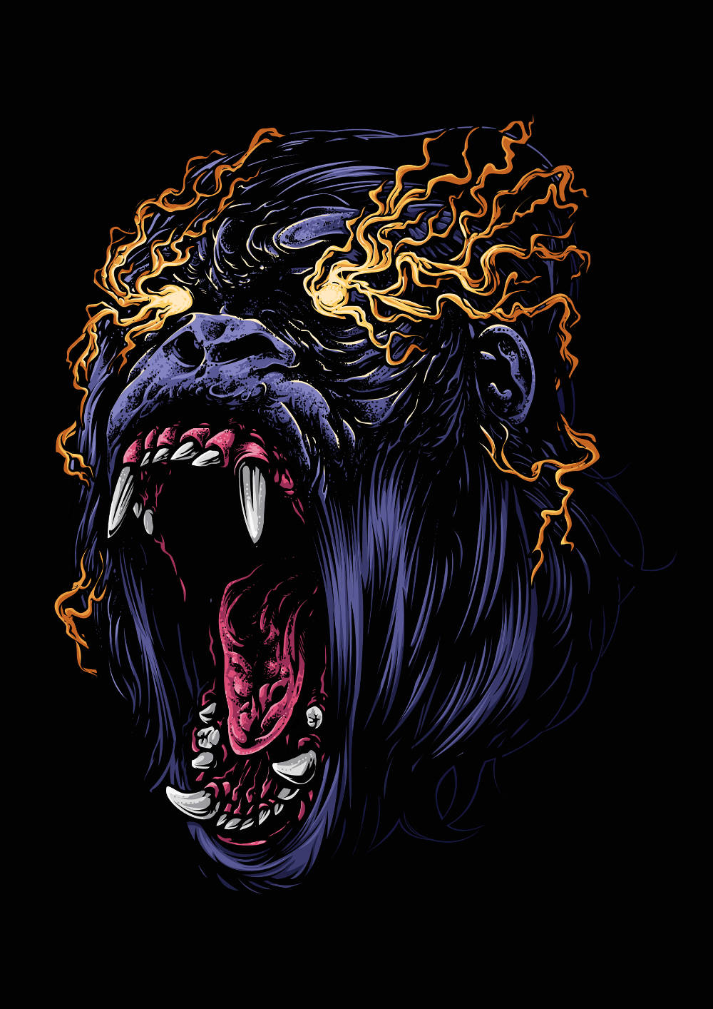 gorilla, dark blue, glowing orange lightning, HD Phone Wallpaper