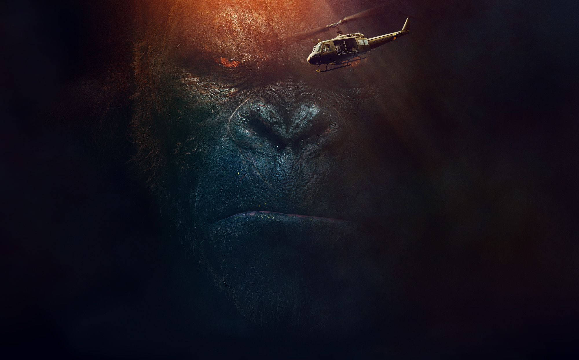huge burning orange eyes gorilla, massive gorilla, helicopter, Full HD Desktop Wallpaper