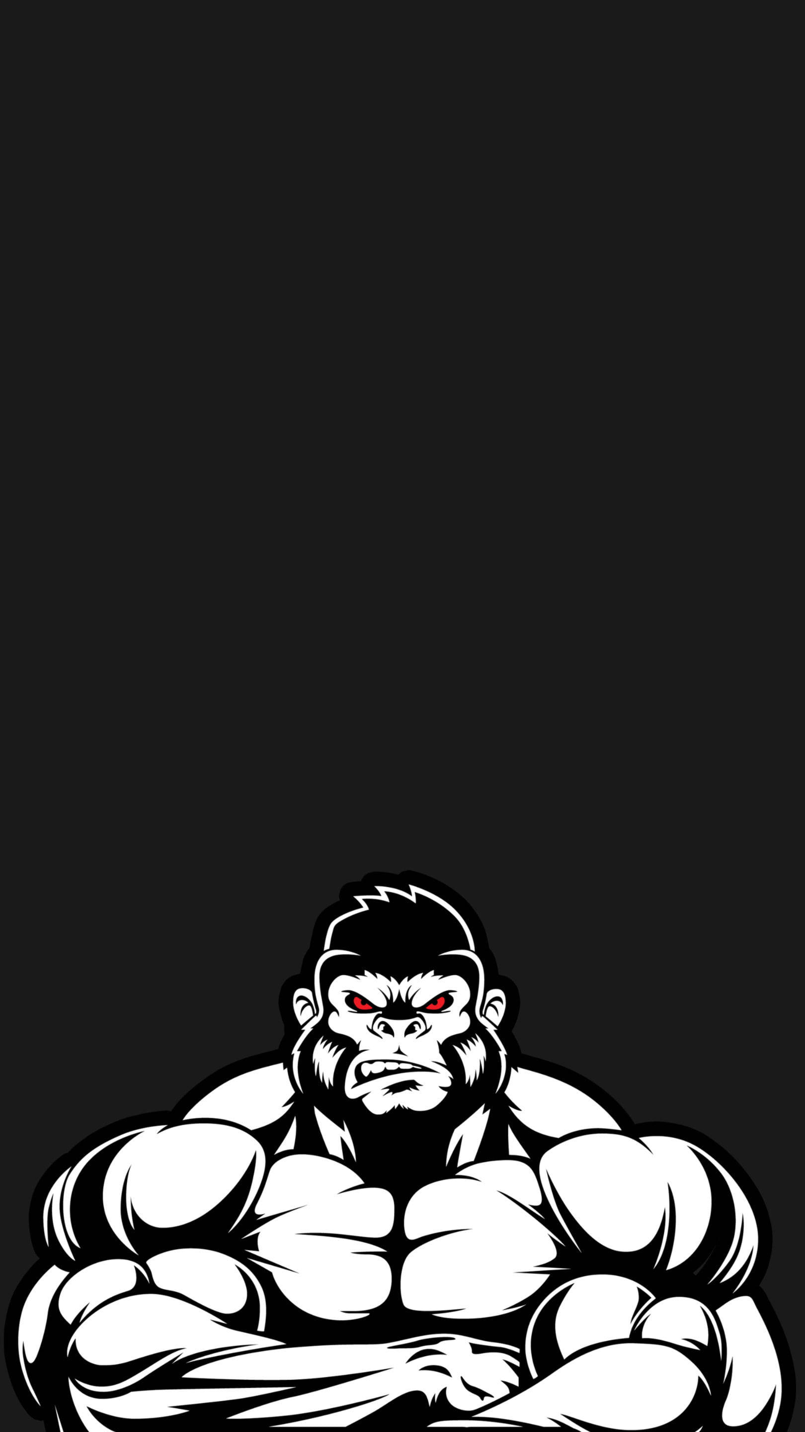 muscular gorilla, black and white illustration, red eyes, 2K Phone Wallpaper
