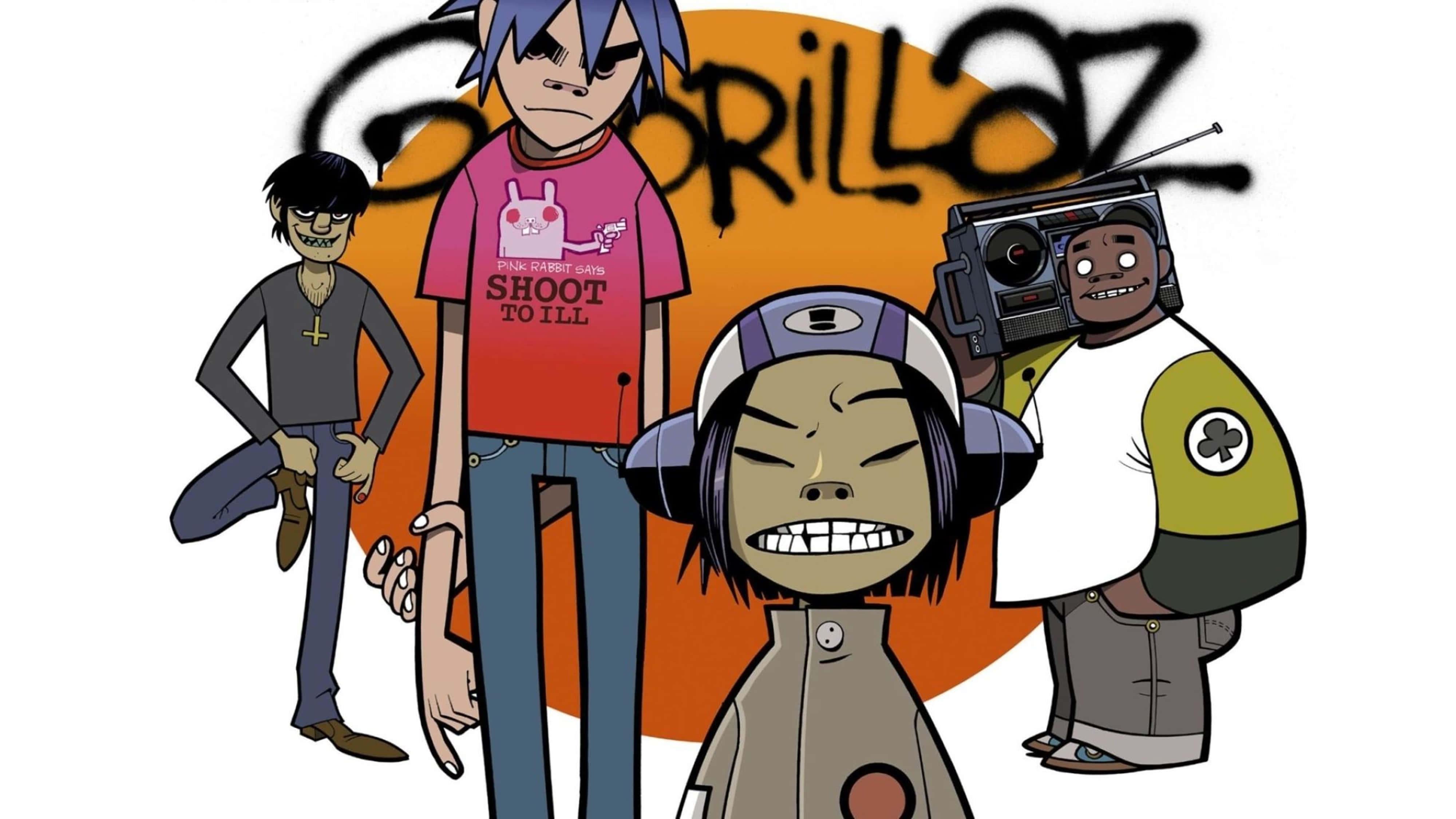 Gorillaz, cartoon band members, graffiti-covered orange sun backdrop, 4K Desktop Wallpaper