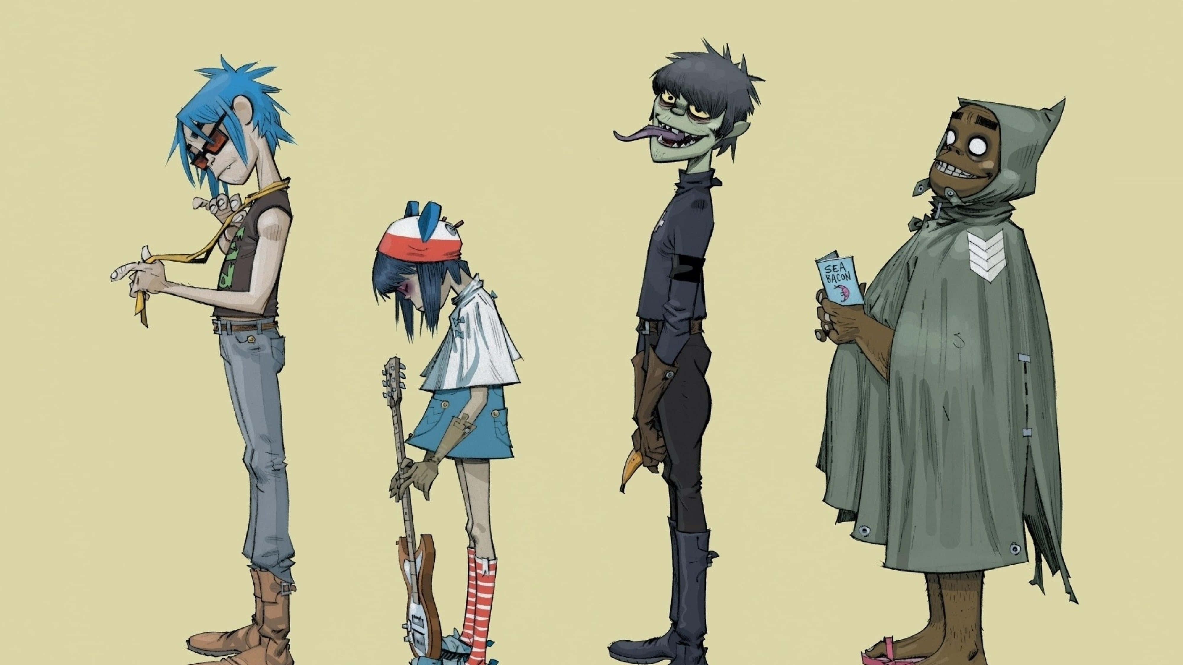 Gorillaz, animated band members, beige background, 4K Desktop Wallpaper