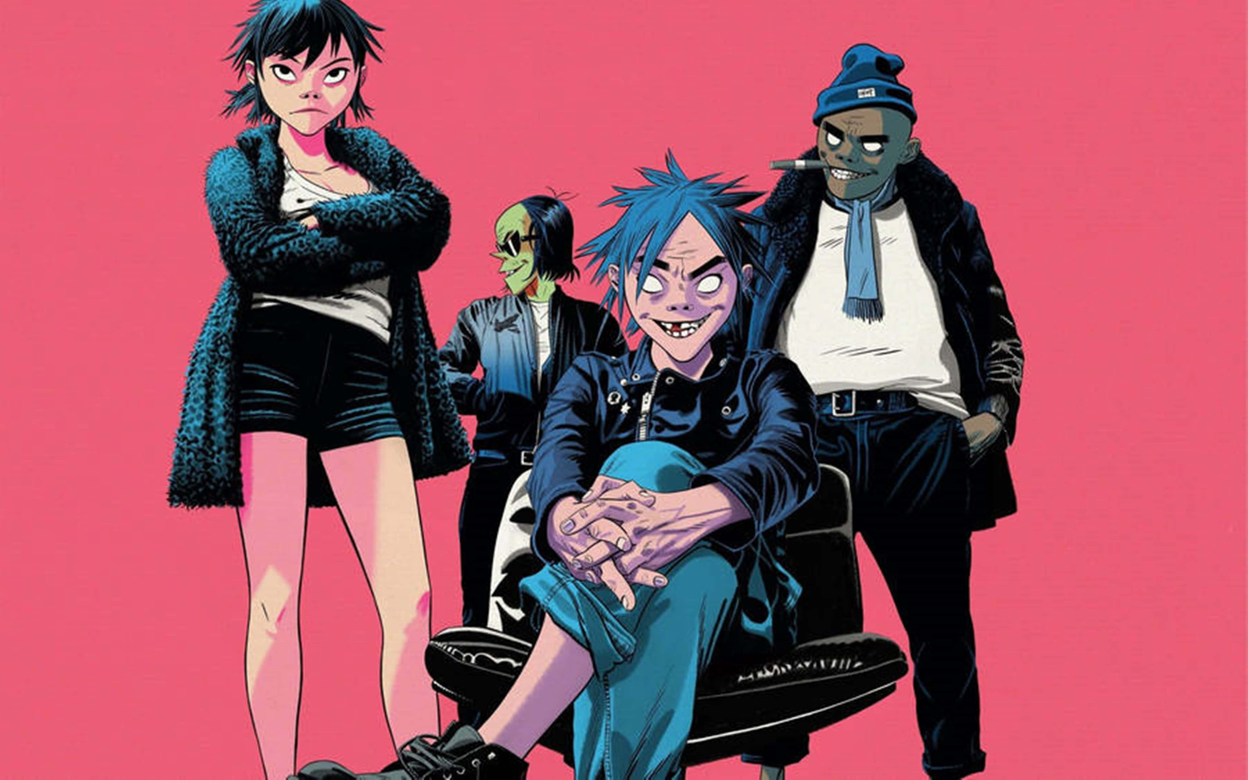 Gorillaz 4K, pink background, stylized anime characters, 4K Desktop Wallpaper