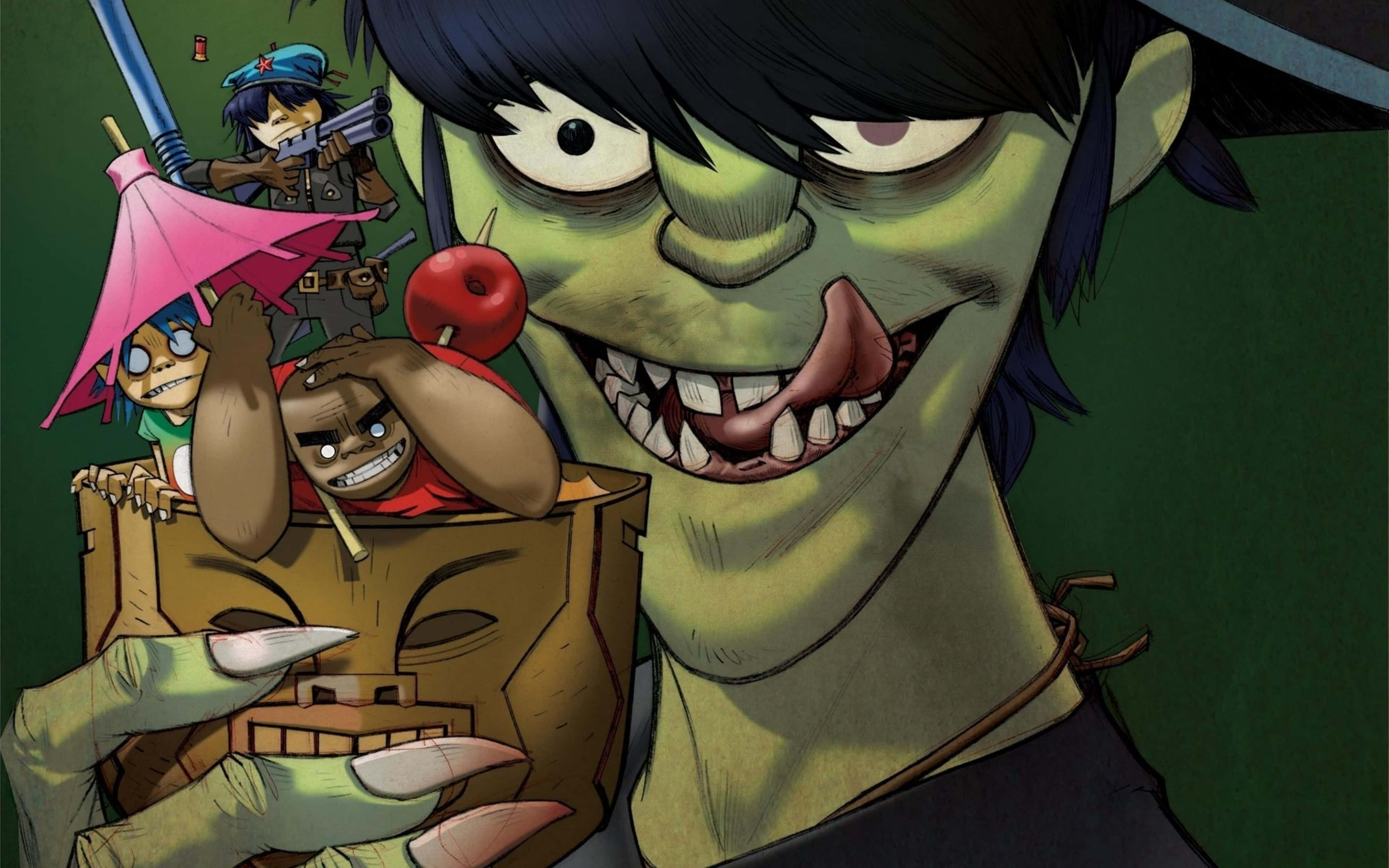Gorillaz 4K, green-skinned cartoon character, sharp teeth, 4K Desktop Wallpaper