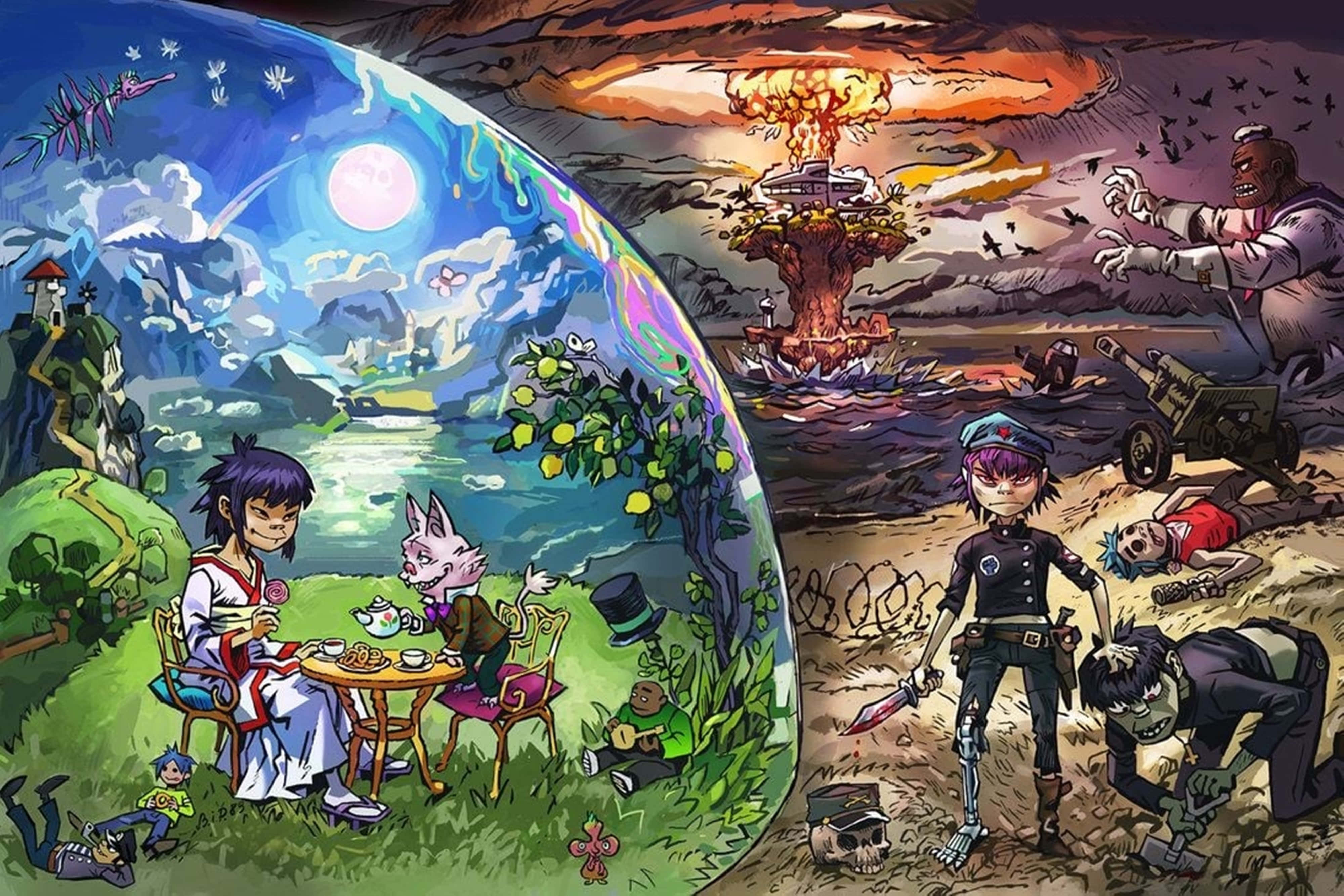 Gorillaz, glowing dome, peaceful tea party, 4K Desktop Wallpaper
