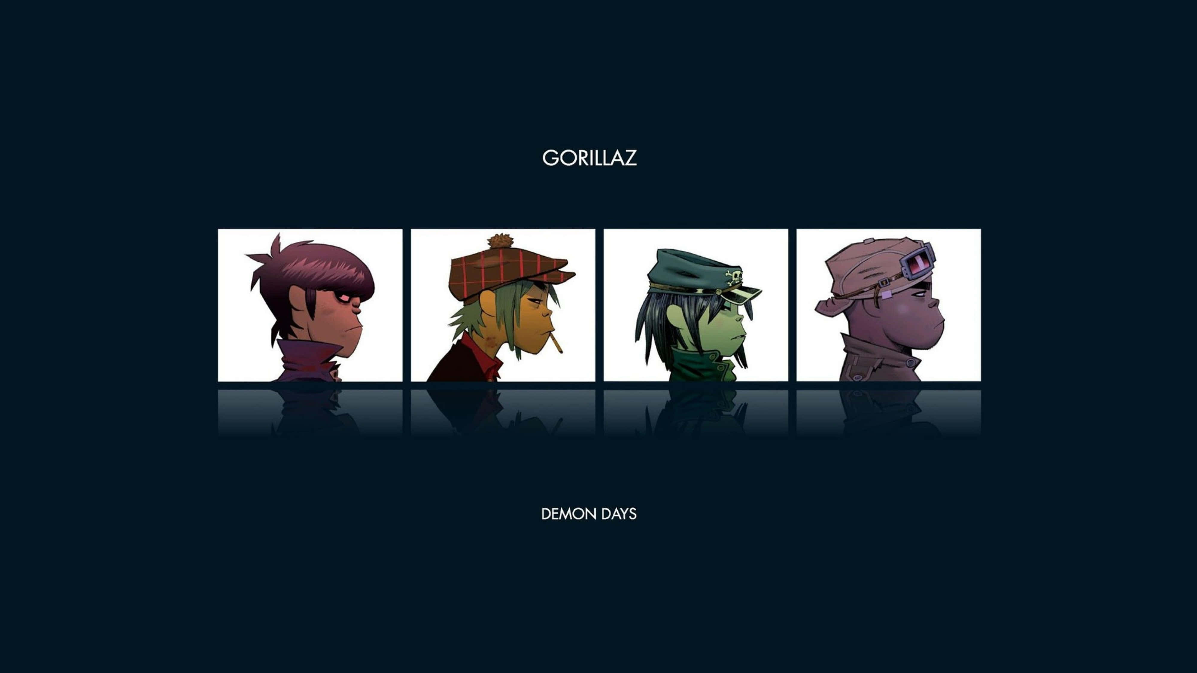 Gorillaz, animated band members, white panels, 4K Desktop Wallpaper