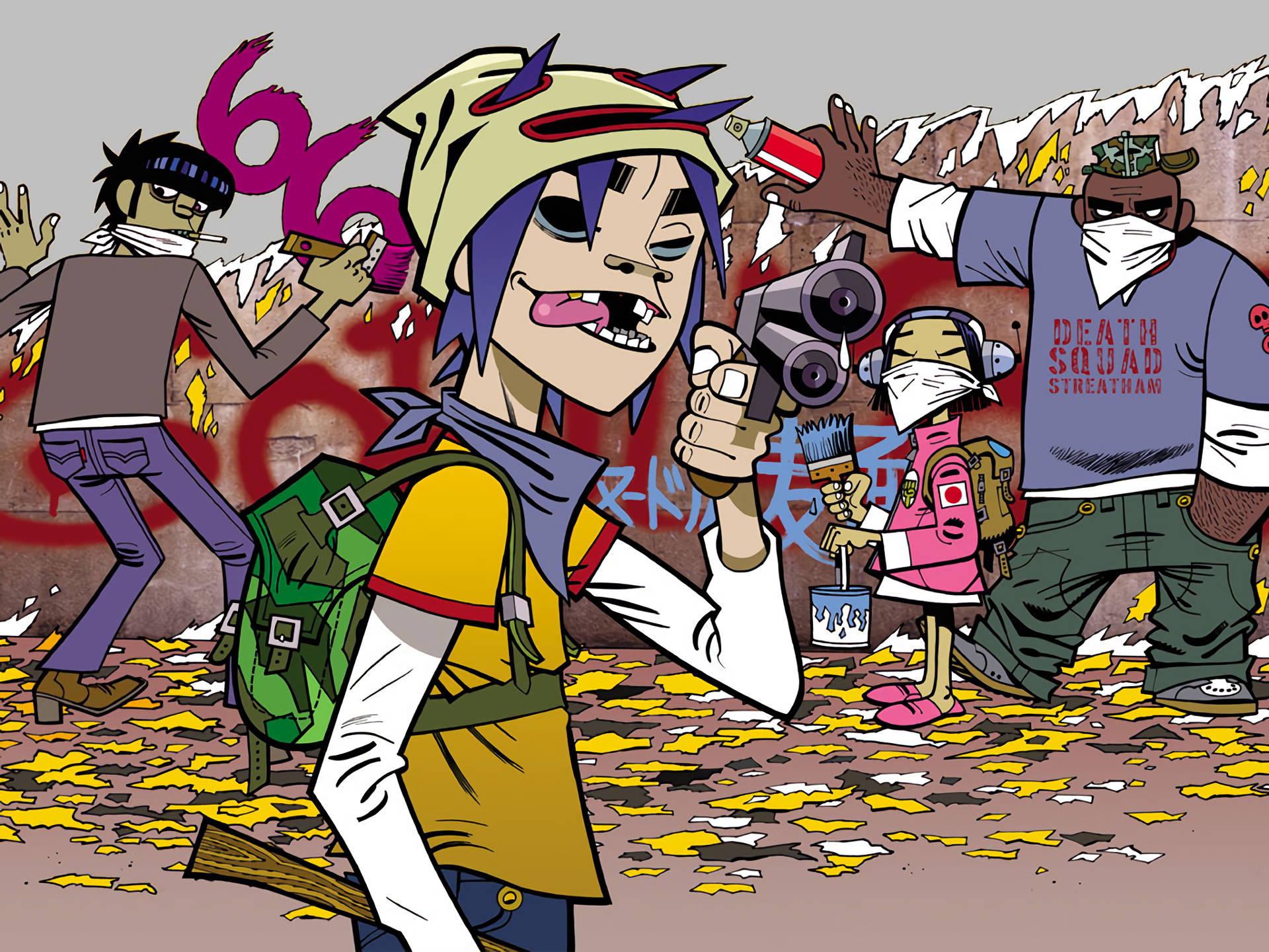 Gorillaz, graffiti, yellow confetti, Full HD Desktop Wallpaper
