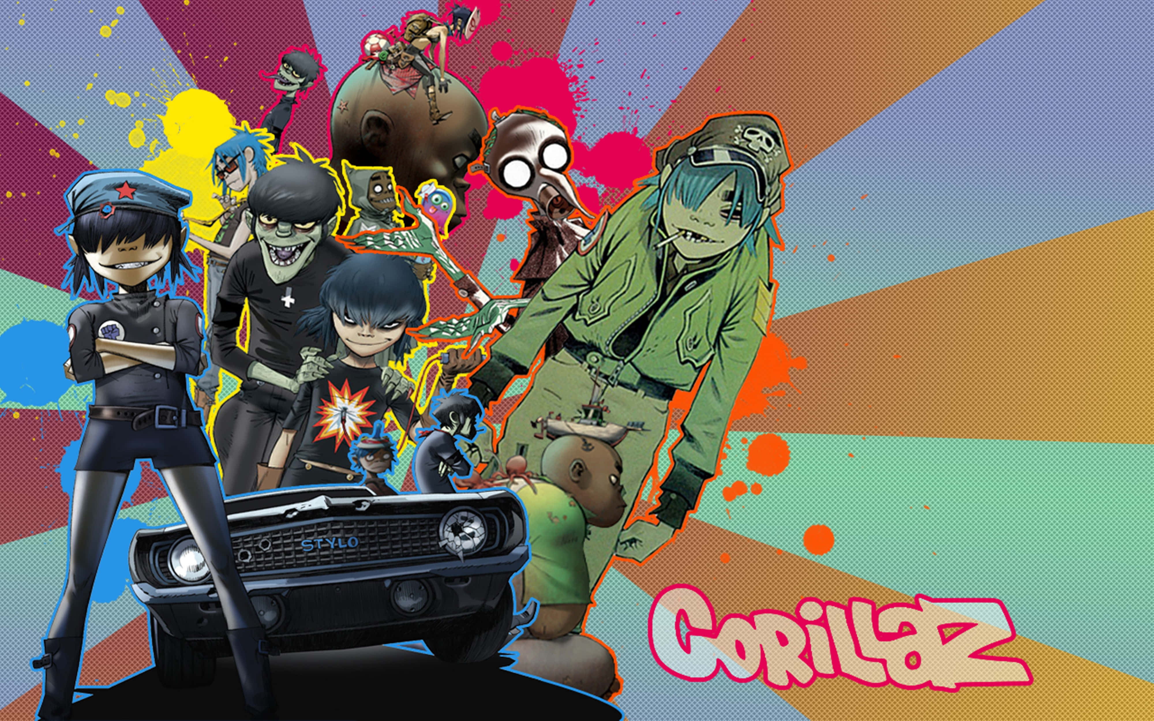Gorillaz, anime-style, black car, 4K Desktop Wallpaper