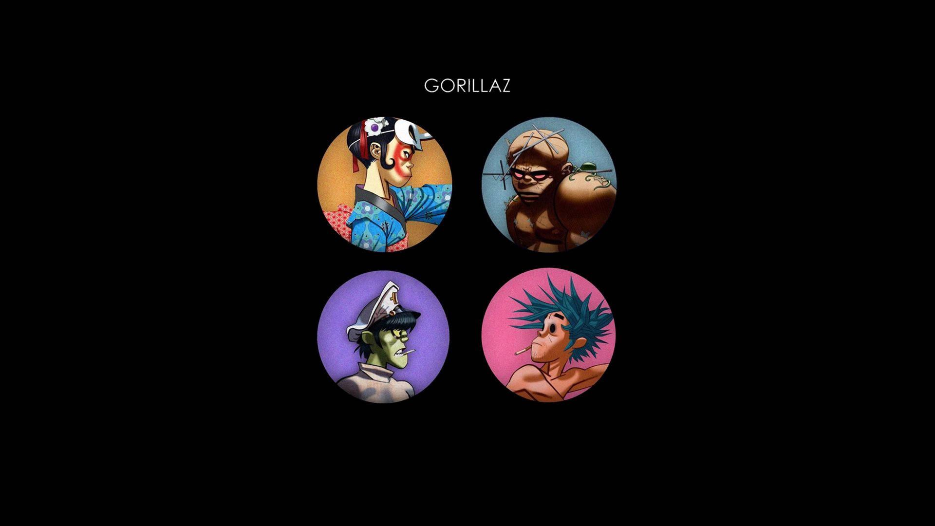 Gorillaz, four stylized cartoon characters, circular frames, Full HD Desktop Wallpaper