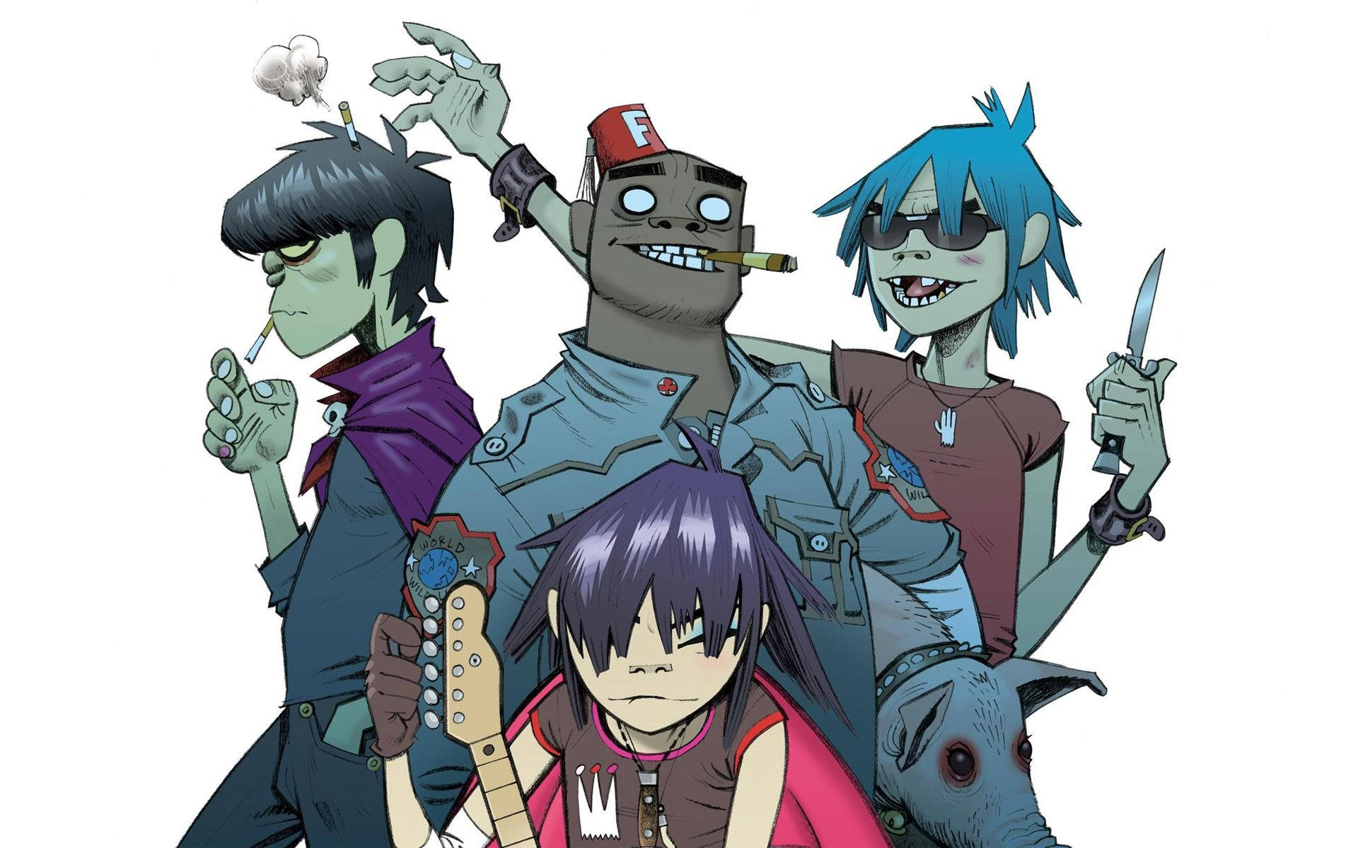 Gorillaz, zombie-like cartoon characters, cigarettes, Full HD Desktop Wallpaper