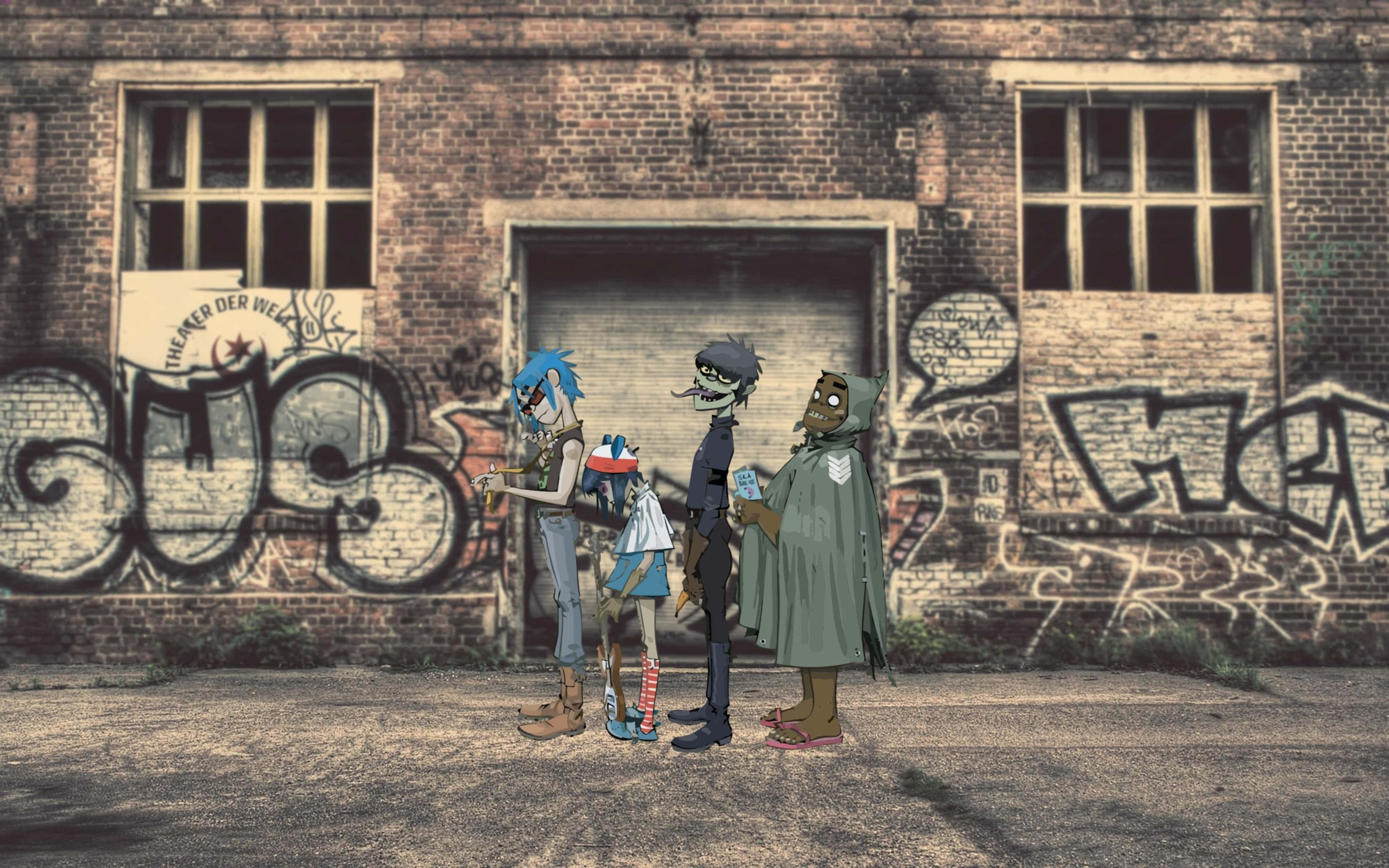 Gorillaz, 4K, graffiti-covered brick building, 4K Desktop Wallpaper