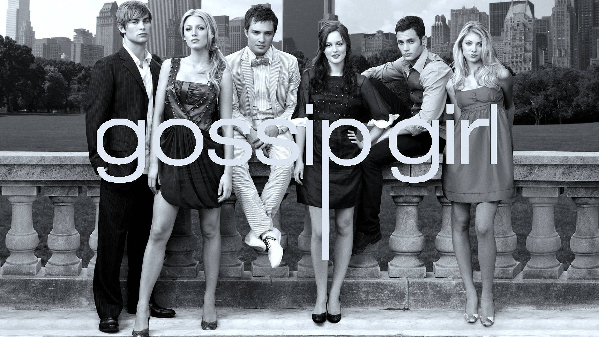 Gossip Girl, black and white, stone balustrade, Full HD Desktop Wallpaper