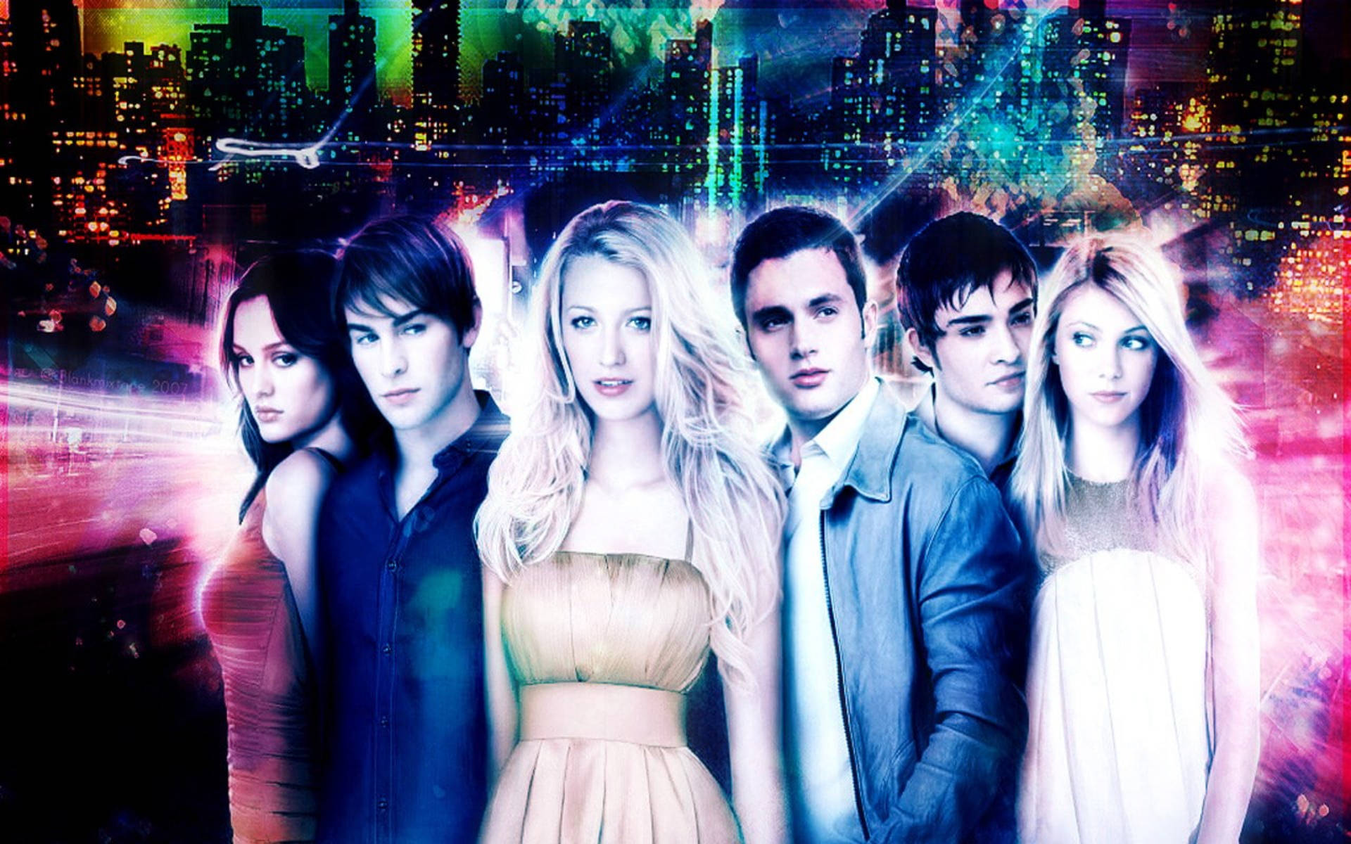 Gossip Girl, neon-drenched, futuristic cityscape, Full HD Desktop Wallpaper