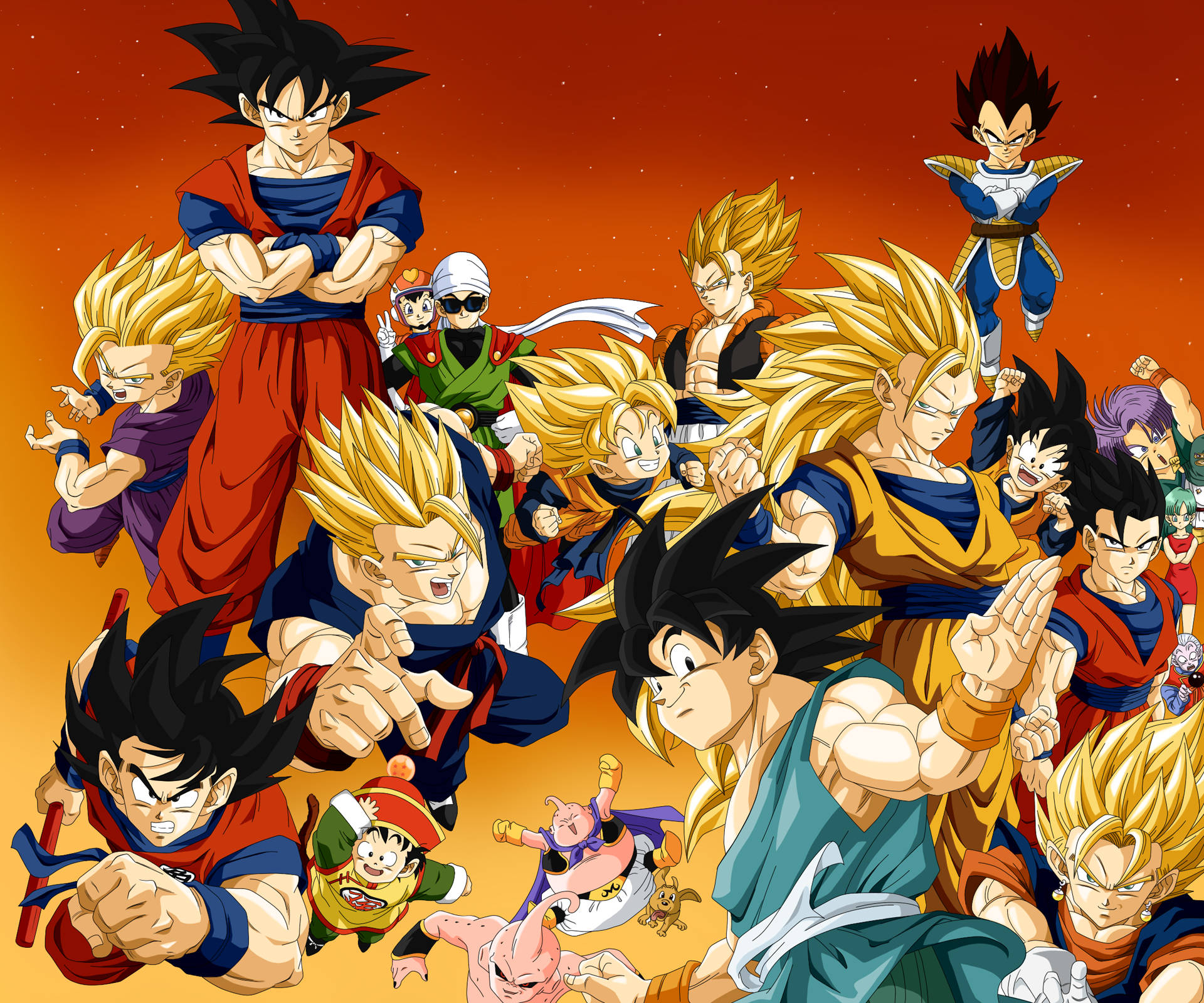 Goten, friends, fiery orange starry sky, Full HD Desktop Wallpaper