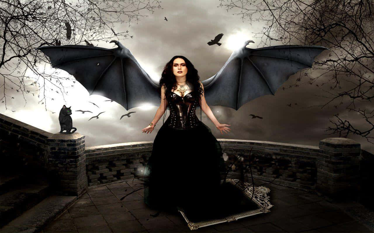 bat wings, stone terrace, stormy sky, HD Desktop Wallpaper