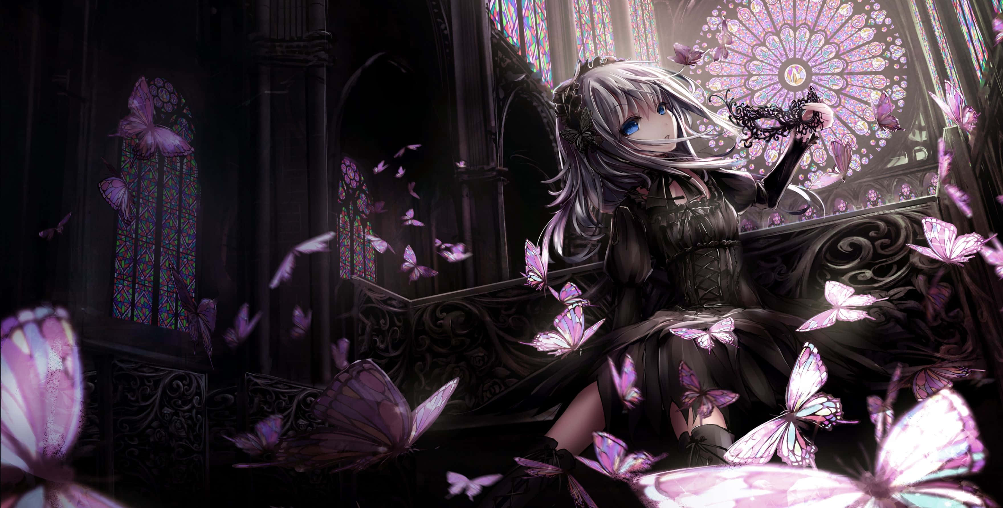 anime girl, silver hair, glowing purple butterflies, 2K Desktop Wallpaper