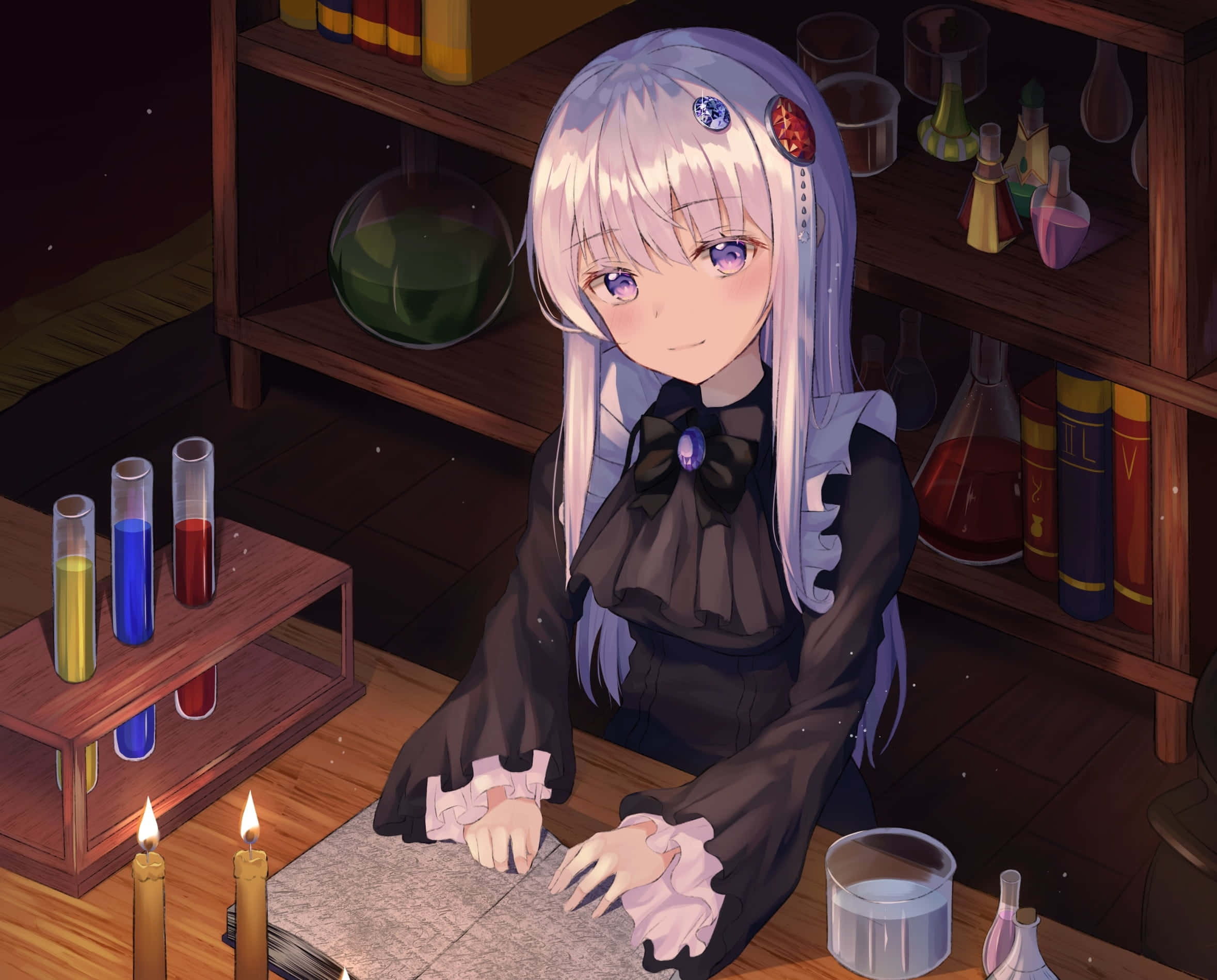 silver-haired anime girl, black dress, candlelit lab, Full HD Desktop Wallpaper