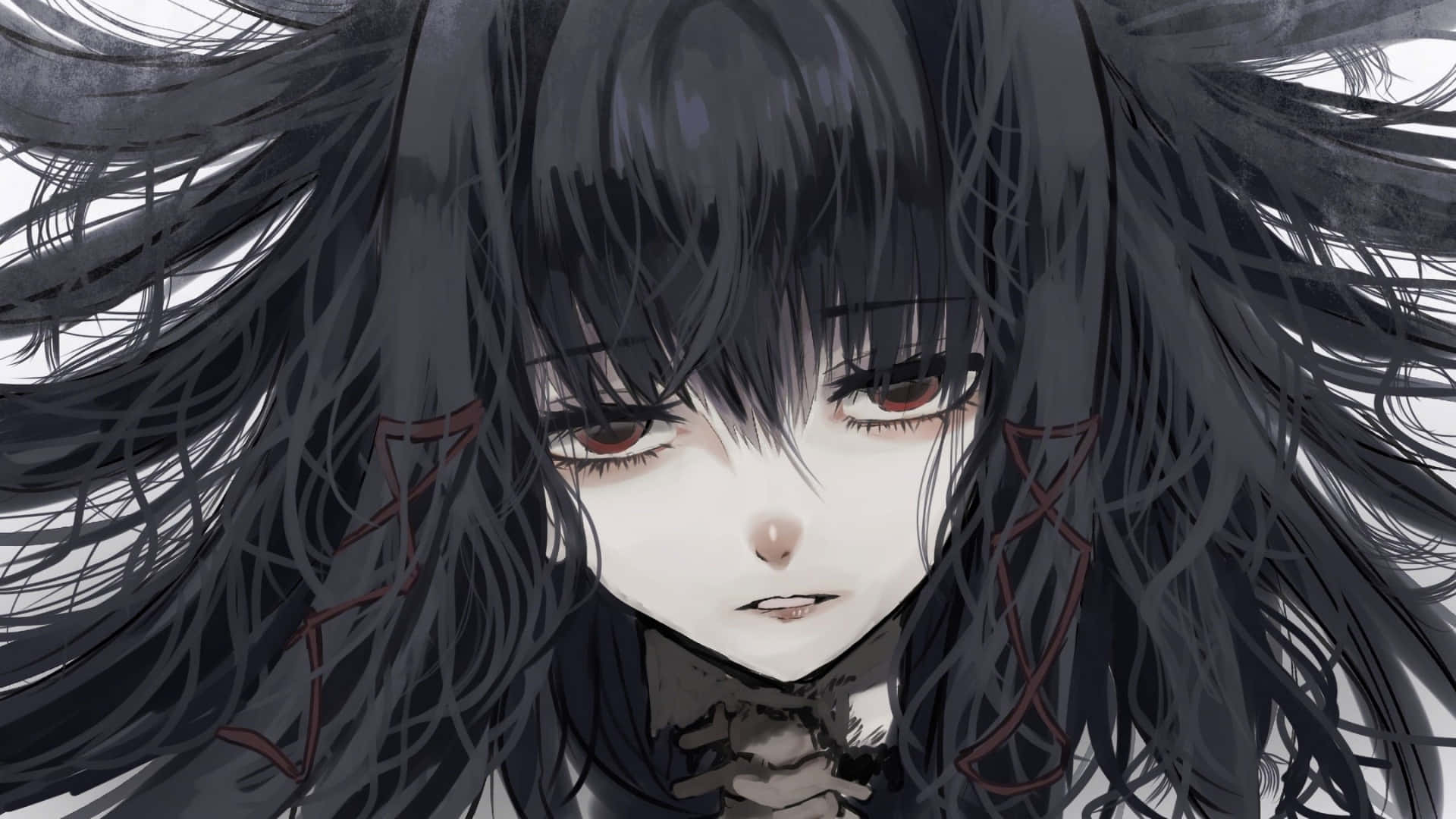Goth Anime Girl, dark hair, red eyes, Full HD Desktop Wallpaper