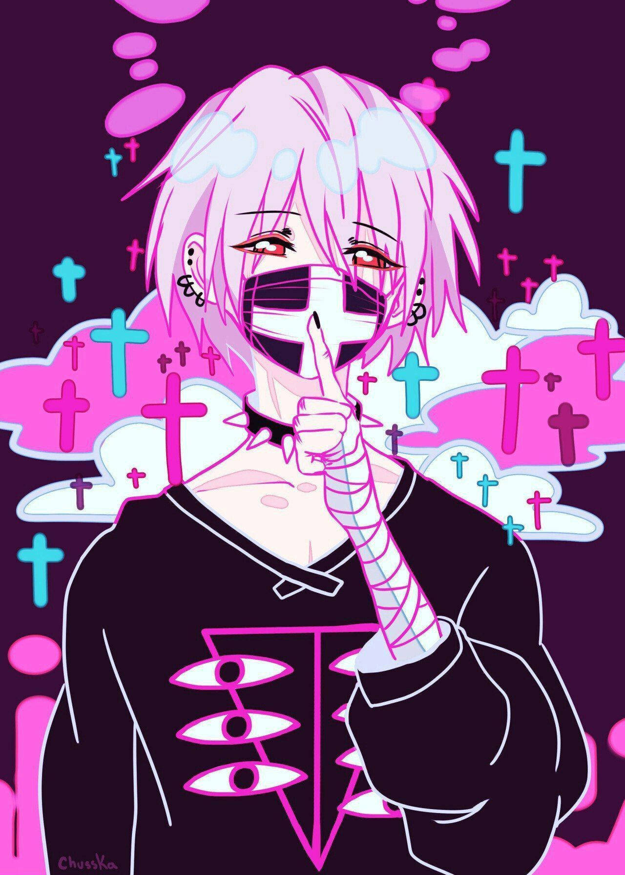 pink-haired anime character, mask, bandaged hand, HD Phone Wallpaper