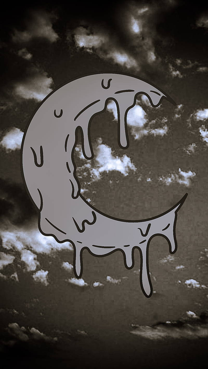 dripping crescent moon, cloudy sepia-toned sky, bold black outlines, HD Phone Wallpaper