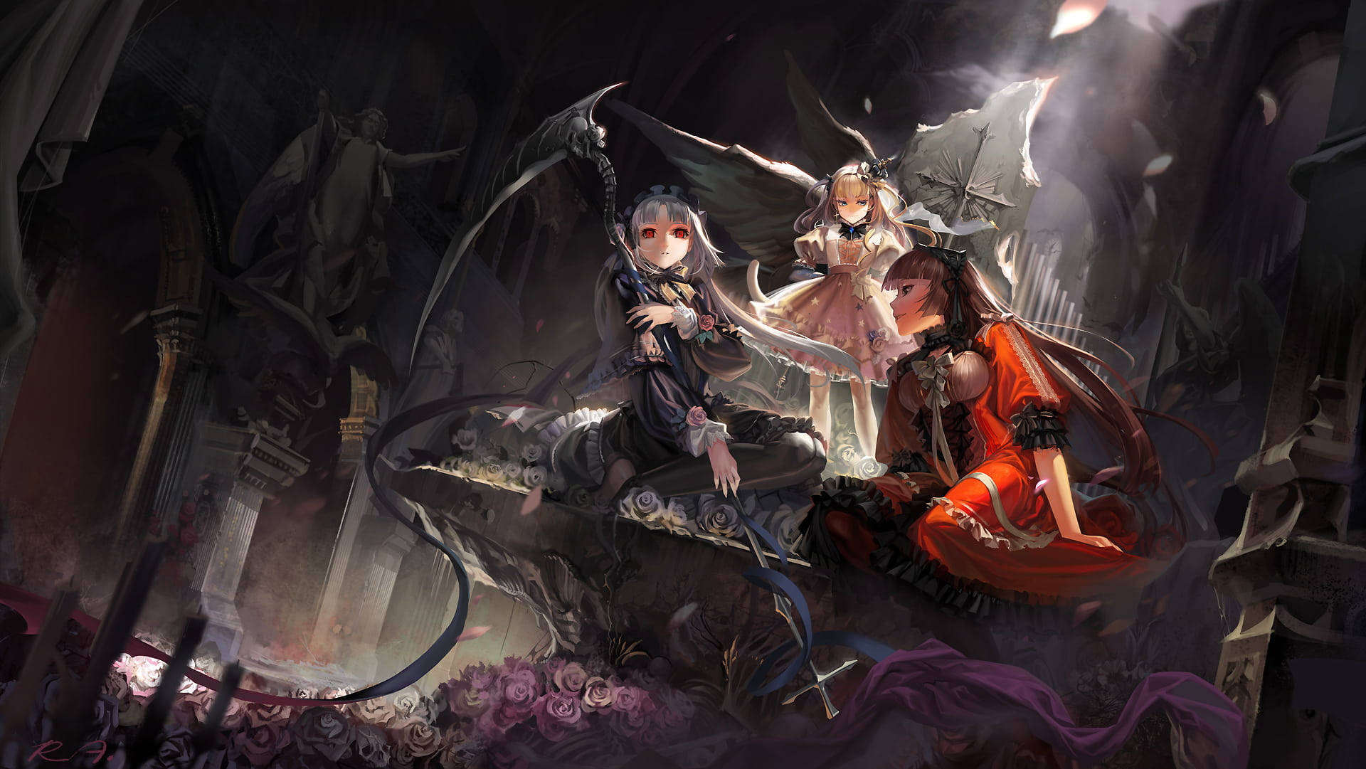 anime girls, wings, ruins, Full HD Desktop Wallpaper