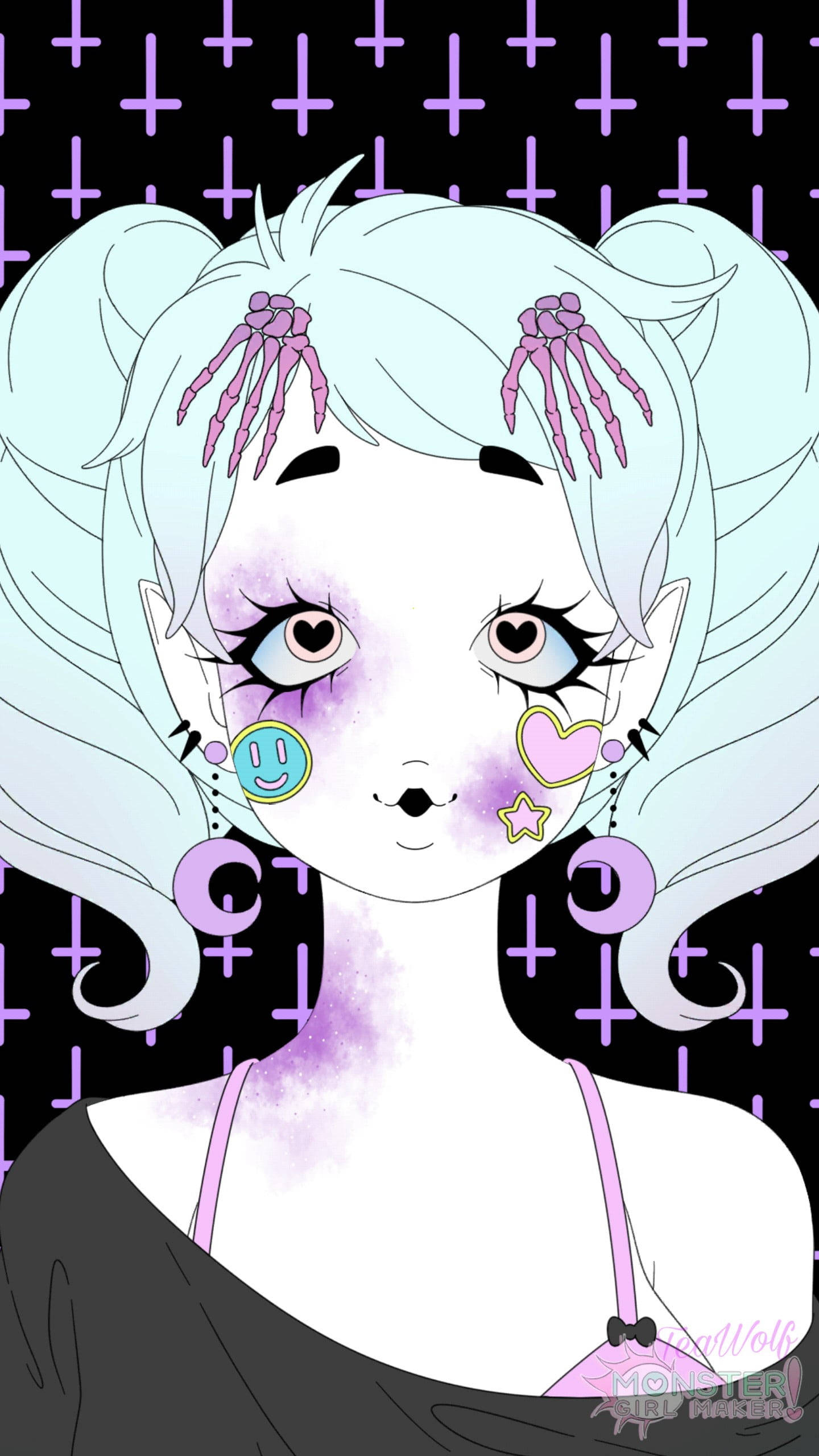 pastel goth girl, light blue pigtails, pink skeletal hair clips, 2K Phone Wallpaper