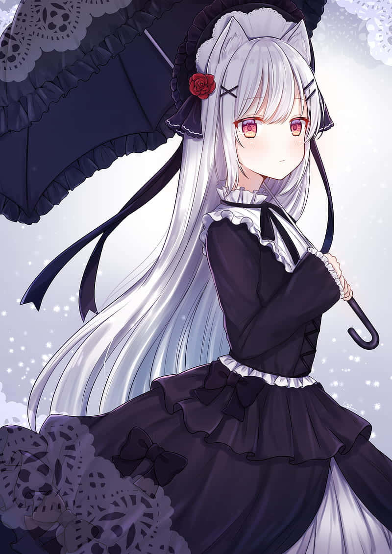 Gothic Anime Girl, black frilly dress, lace-trimmed parasol, SD Phone Wallpaper
