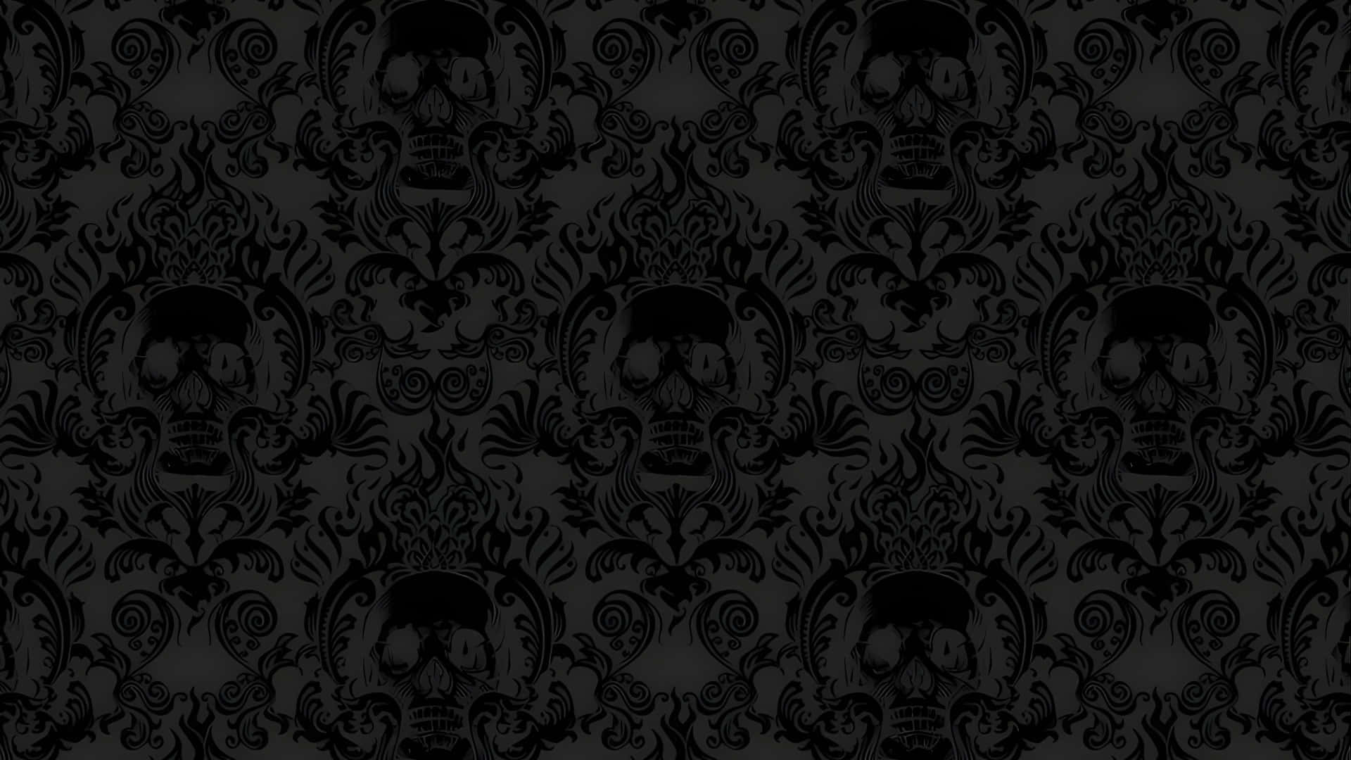 black damask wallpaper pattern, repeating ornate skulls, swirling floral motifs, Full HD Desktop Wallpaper