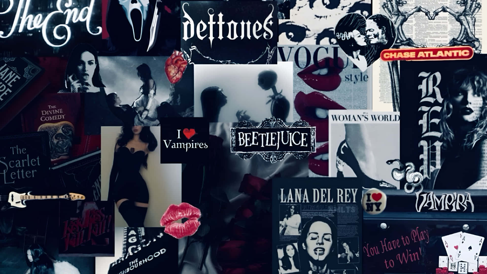 Goth Aesthetic, black red and white tones, vampire imagery, Full HD Desktop Wallpaper