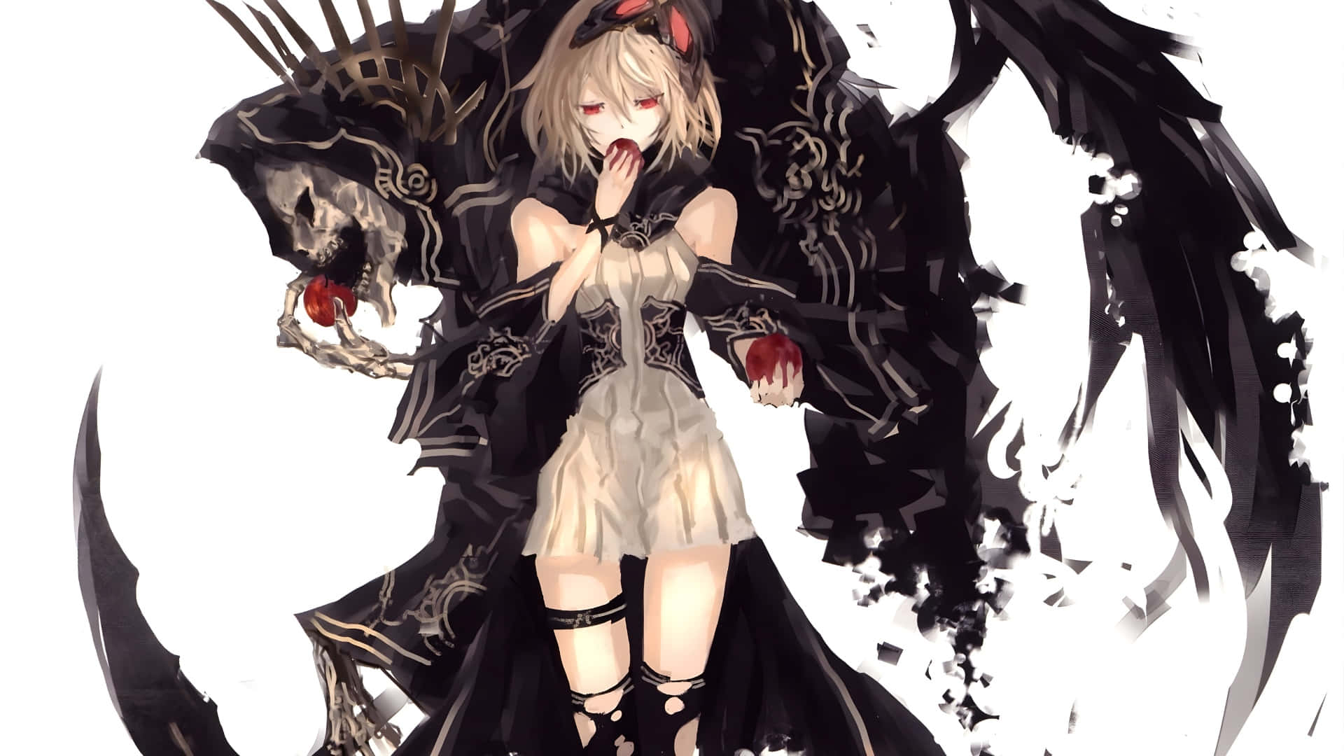 Goth Anime Girl, red eyes, black wings, Full HD Desktop Wallpaper