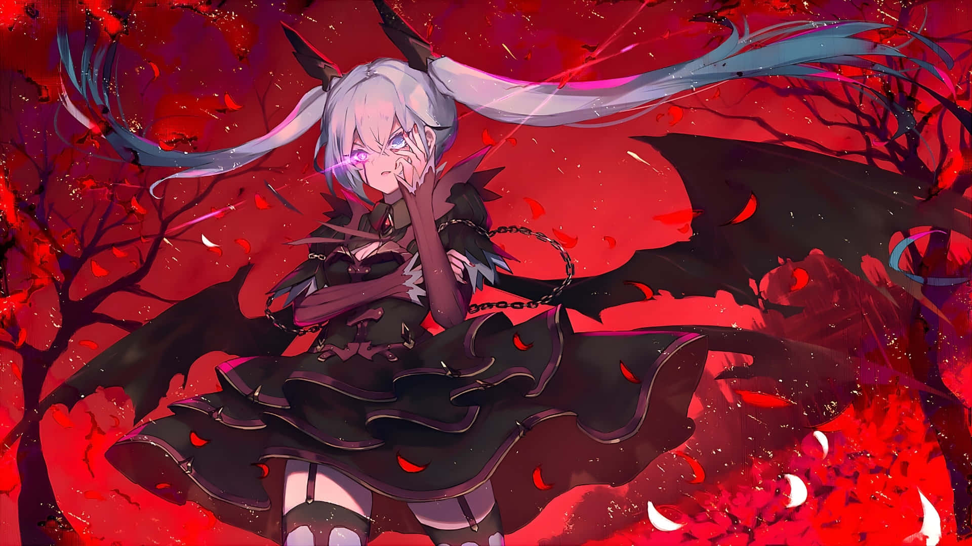 Goth Anime Girl, silver-haired, horns, Full HD Desktop Wallpaper