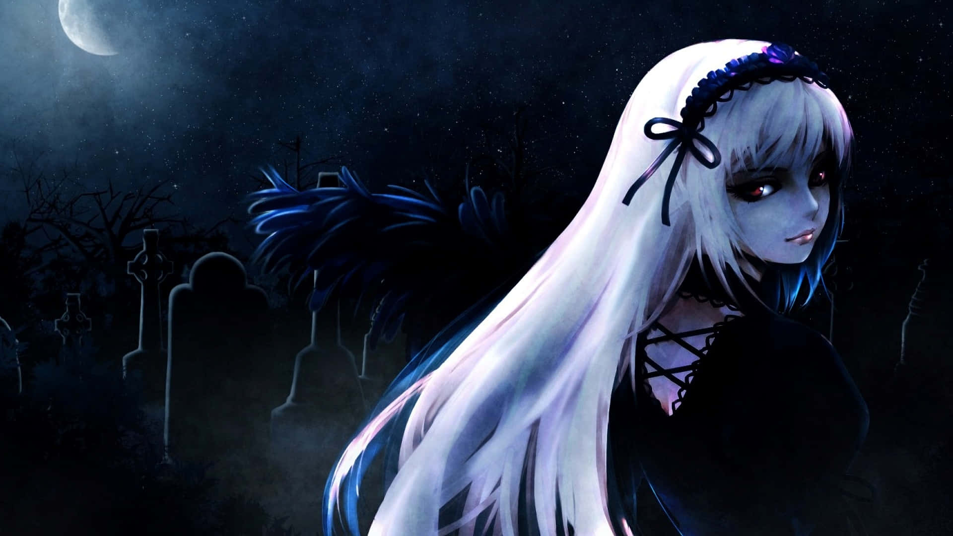 Goth Anime Girl, moonlit graveyard, long white hair, Full HD Desktop Wallpaper