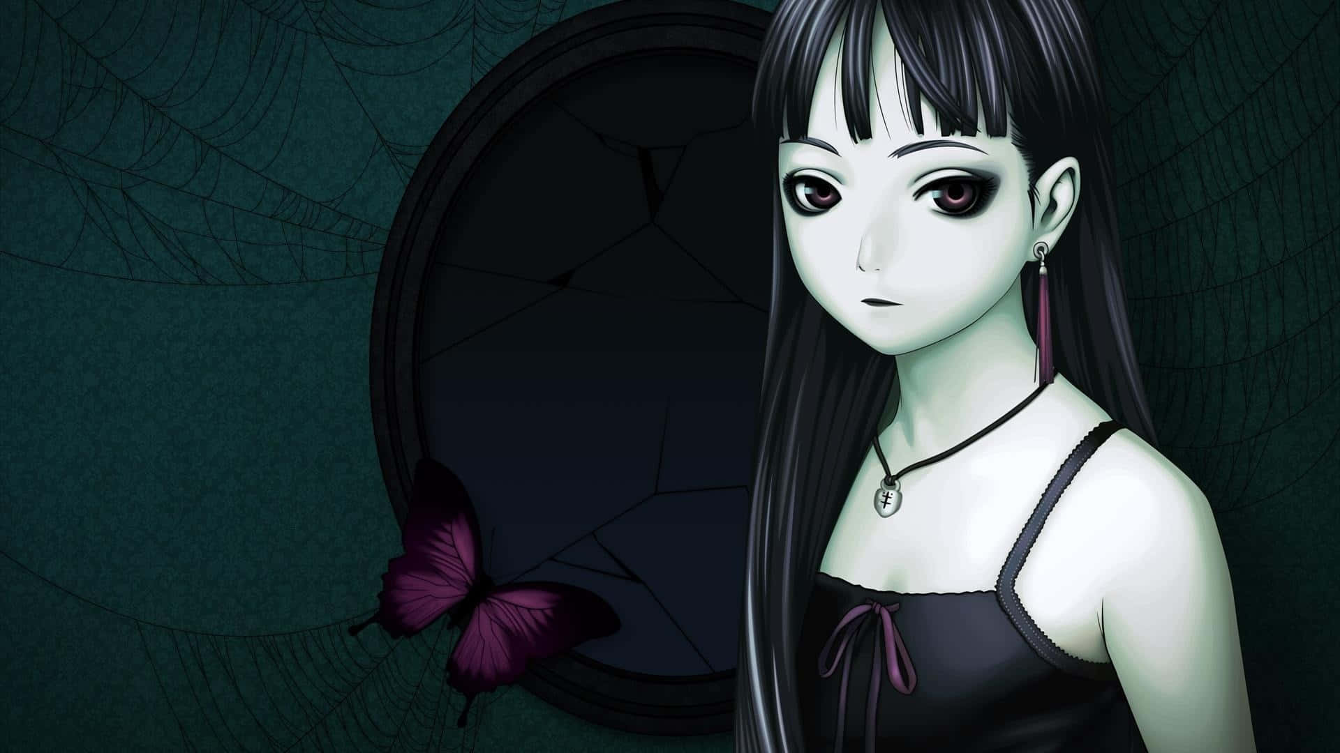 Goth Anime Girl, butterfly, cracked mirror, Full HD Desktop Wallpaper