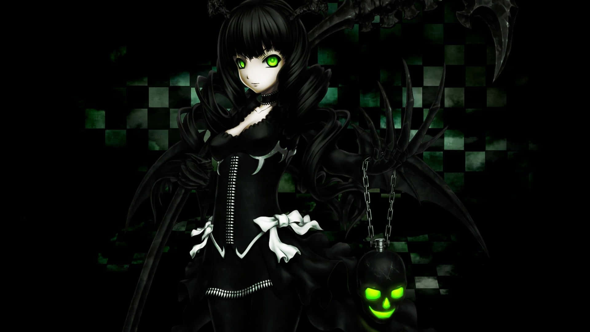 Goth Anime Girl, glowing green eyes, black wings, Full HD Desktop Wallpaper