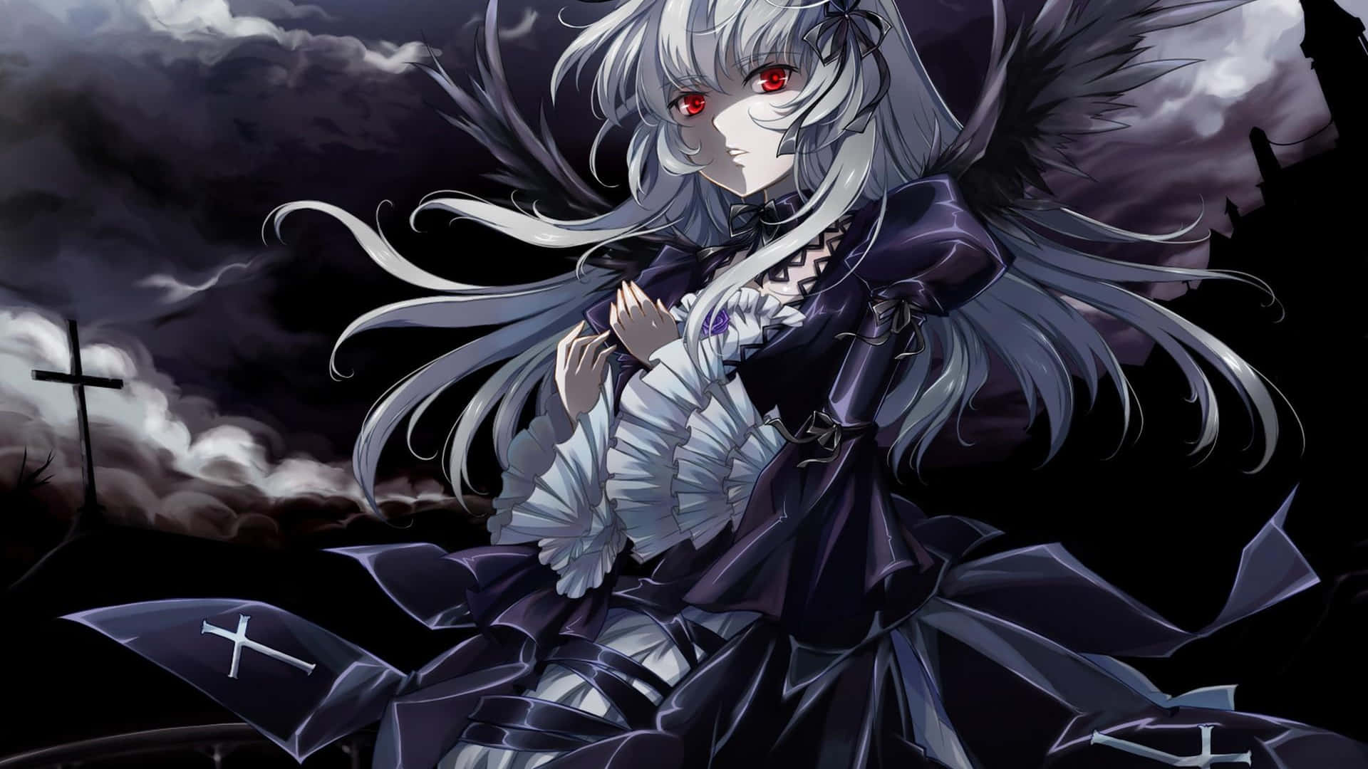 Goth Anime Girl, silver hair, red eyes, Full HD Desktop Wallpaper