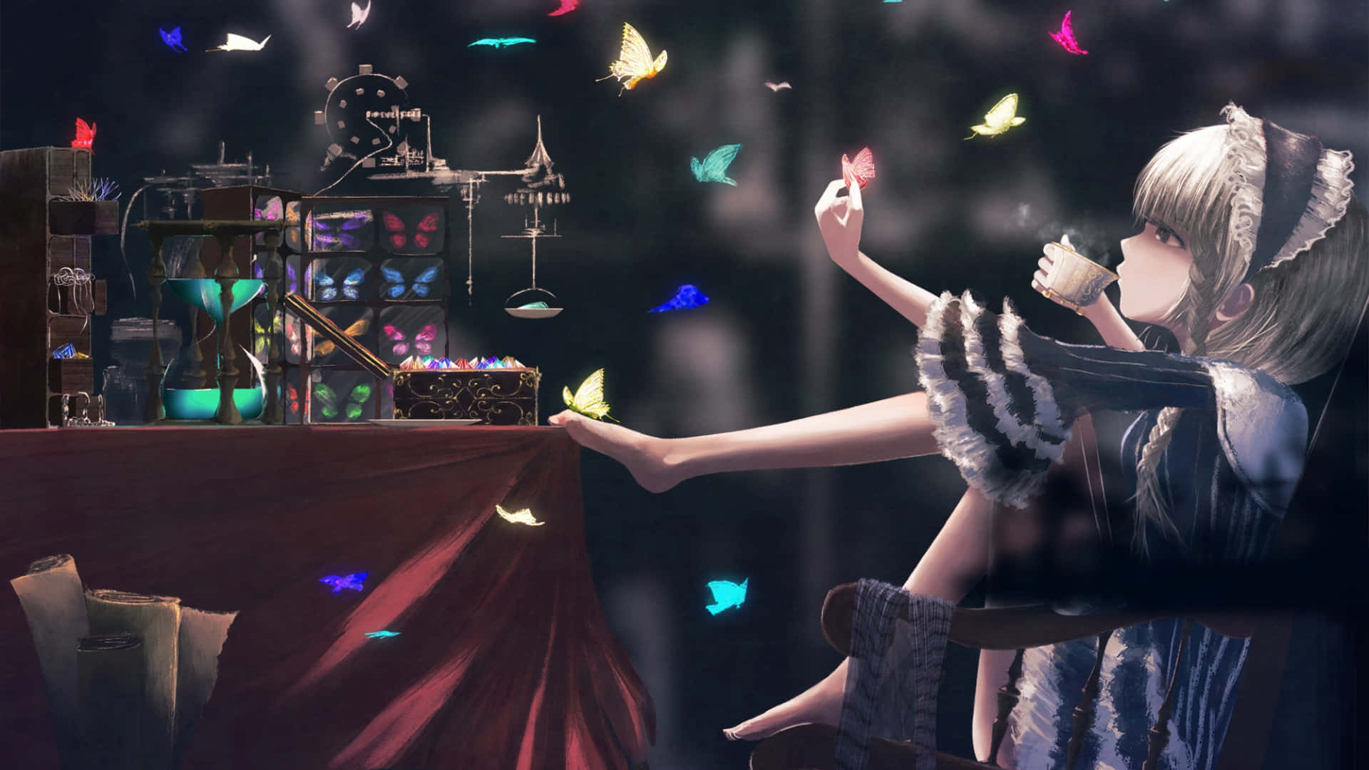 Goth Anime Girl, butterflies, maid outfit, Full HD Desktop Wallpaper
