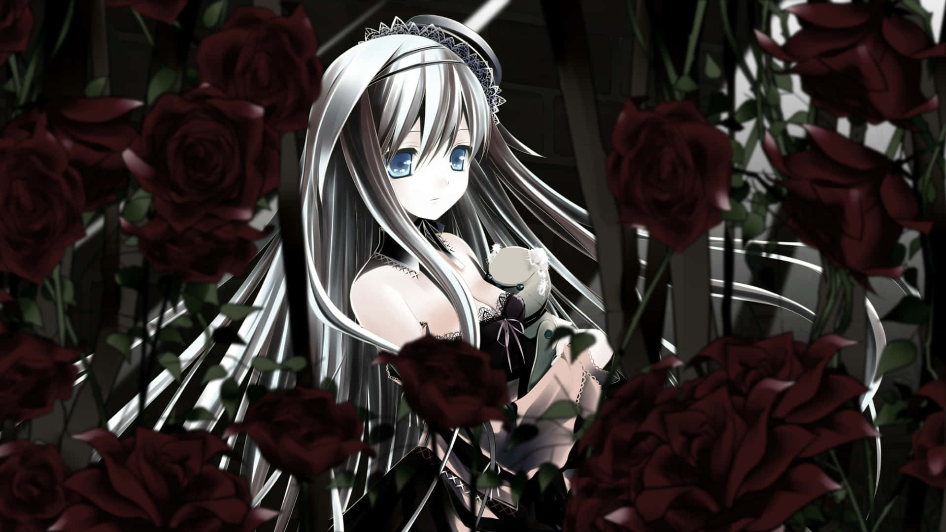 Goth Anime Girl, silver-haired, blue eyes, Full HD Desktop Wallpaper