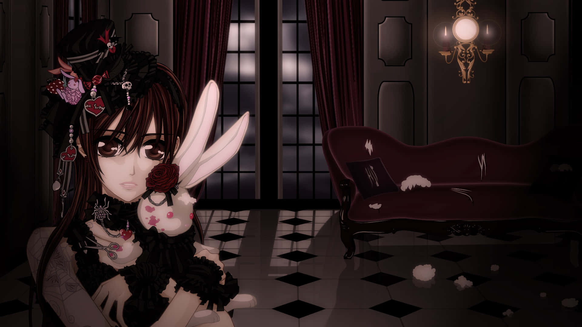 Goth Anime Girl, bunny ears, rose, Full HD Desktop Wallpaper