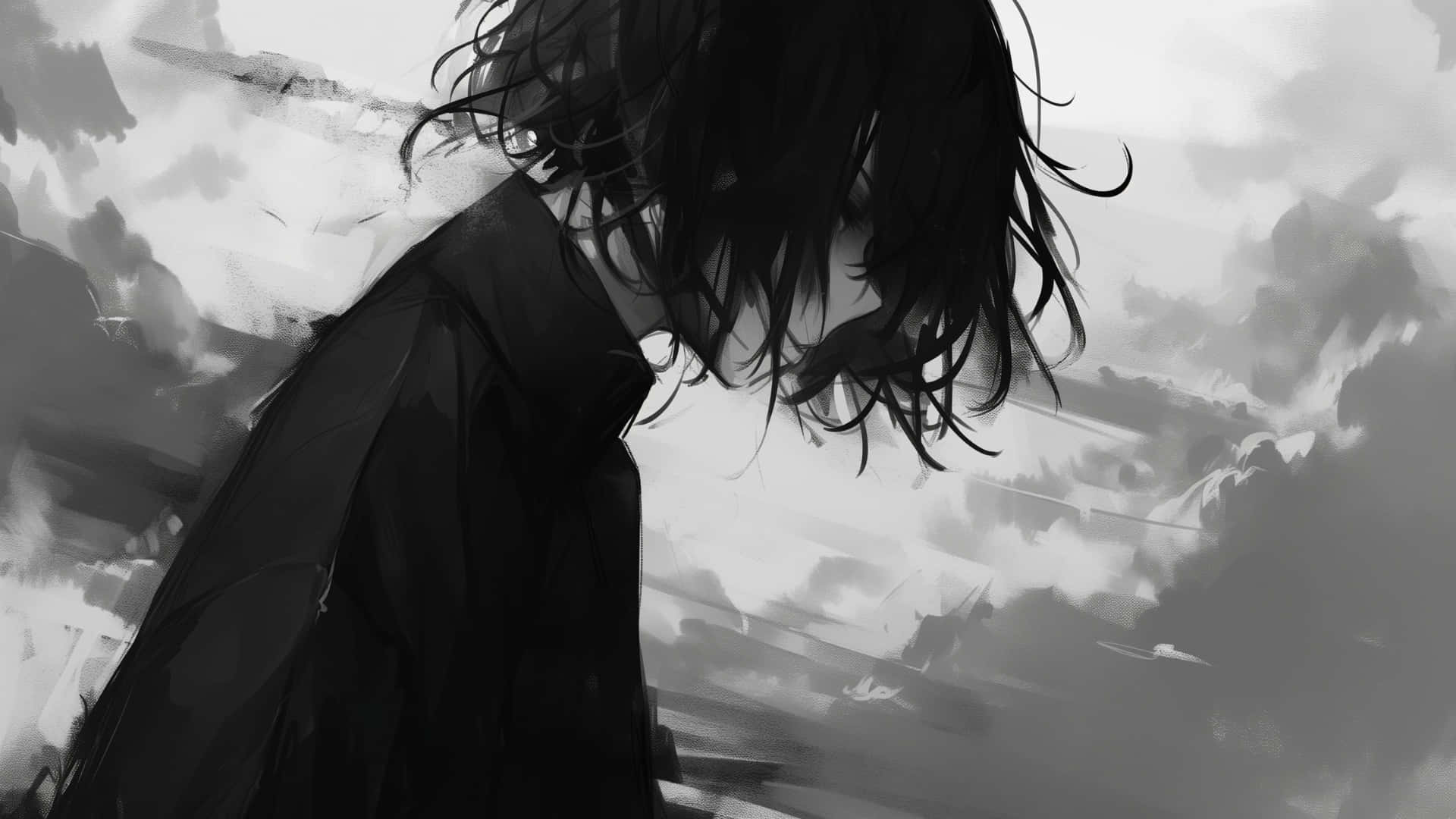 Goth Anime Girl, dark hair, coat, Full HD Desktop Wallpaper