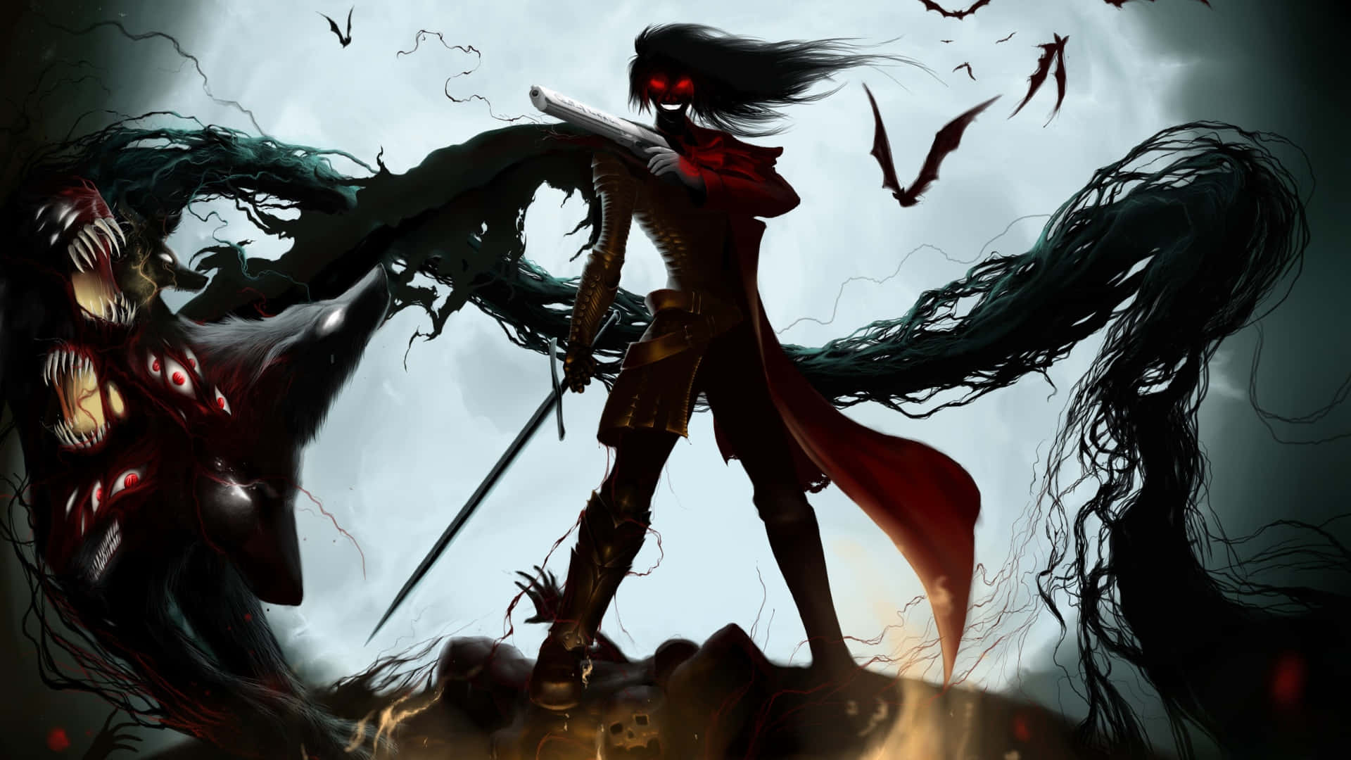 Goth Anime Girl, red cloak, sword, Full HD Desktop Wallpaper
