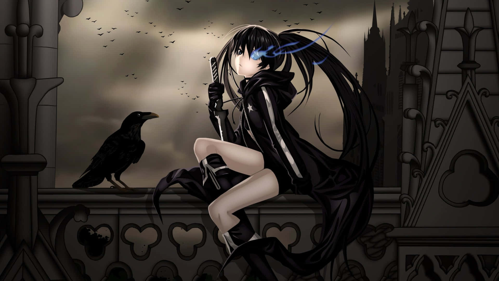 Goth Anime Girl, raven, dark cloak, Full HD Desktop Wallpaper