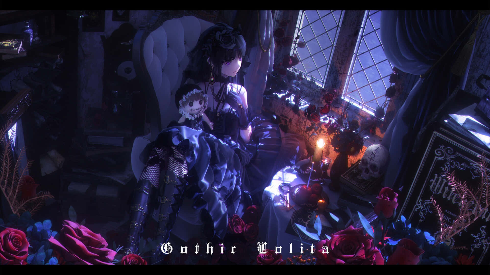 goth anime girl, dark velvet gown, crimson roses, Full HD Desktop Wallpaper