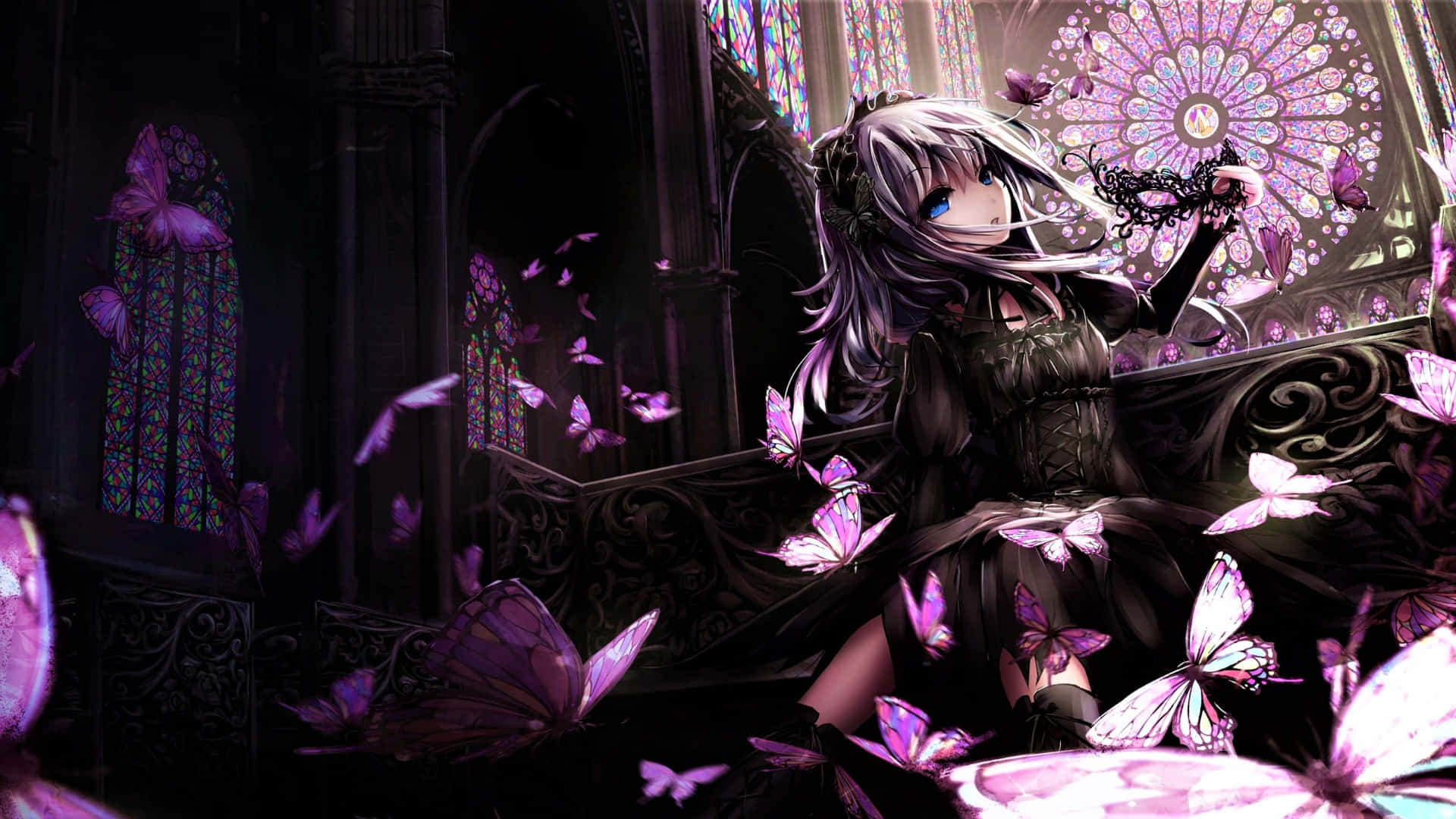Goth Anime Girl, cathedral, silver-haired, Full HD Desktop Wallpaper