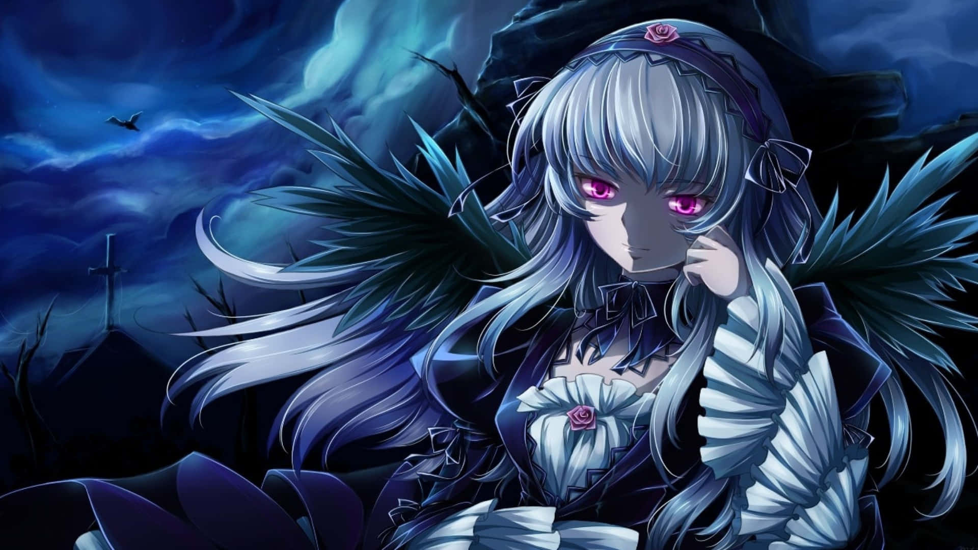 Goth Anime Girl, silver hair, glowing pink eyes, Full HD Desktop Wallpaper