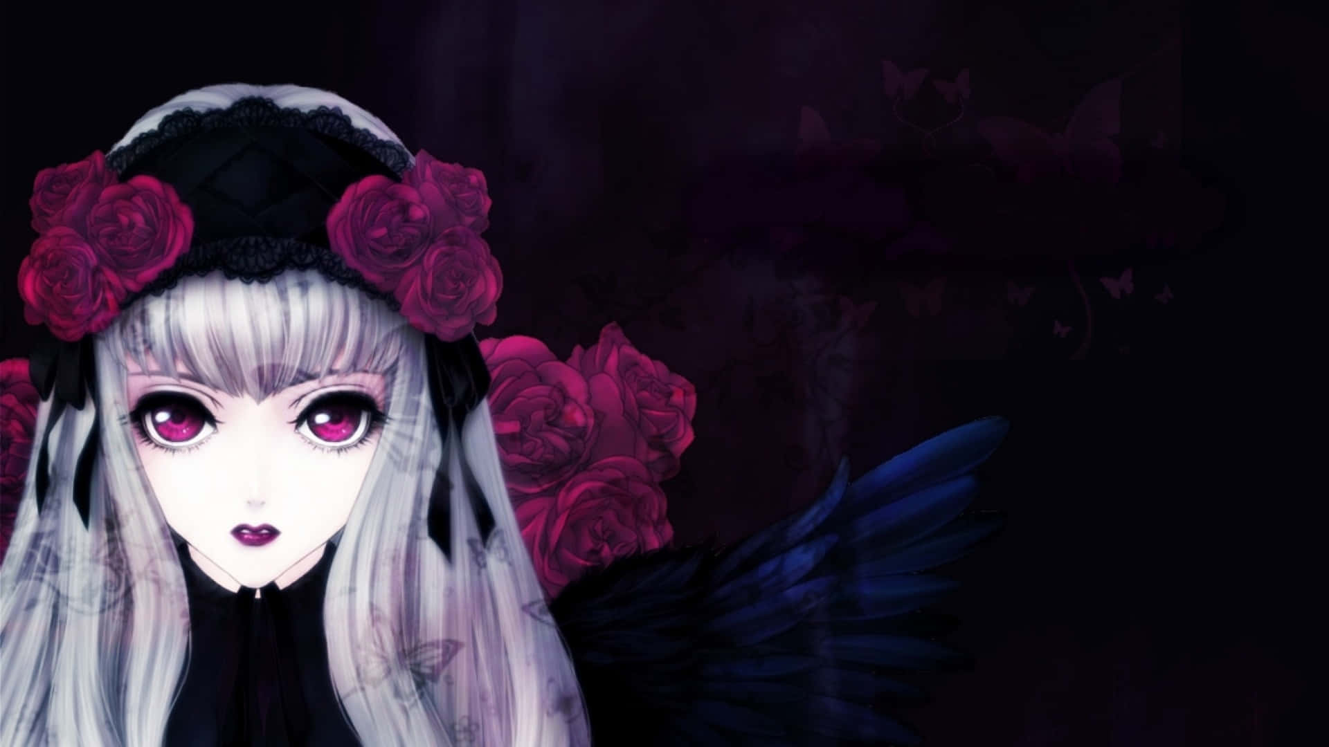 Goth Anime Girl, silver hair, crimson eyes, Full HD Desktop Wallpaper