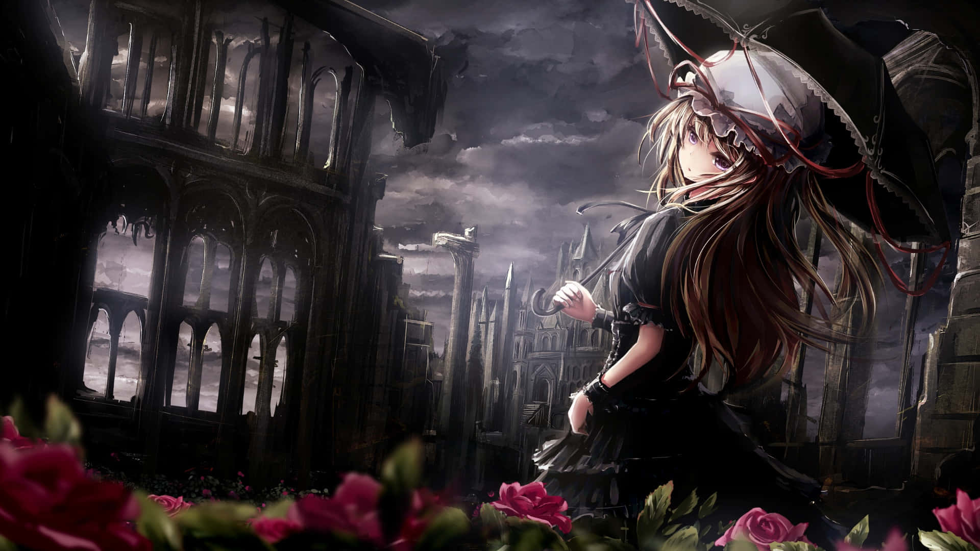 Goth Anime Girl, dark city, long brown hair, Full HD Desktop Wallpaper
