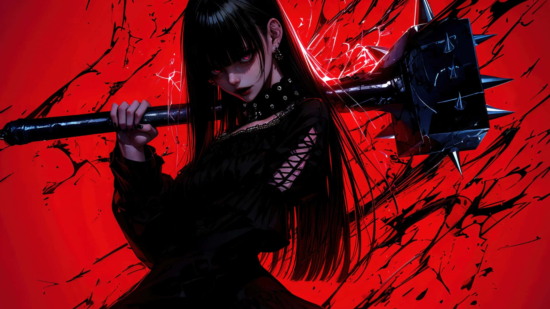 Goth Anime Girl, spiked mace, black lace outfit, Full HD Desktop Wallpaper