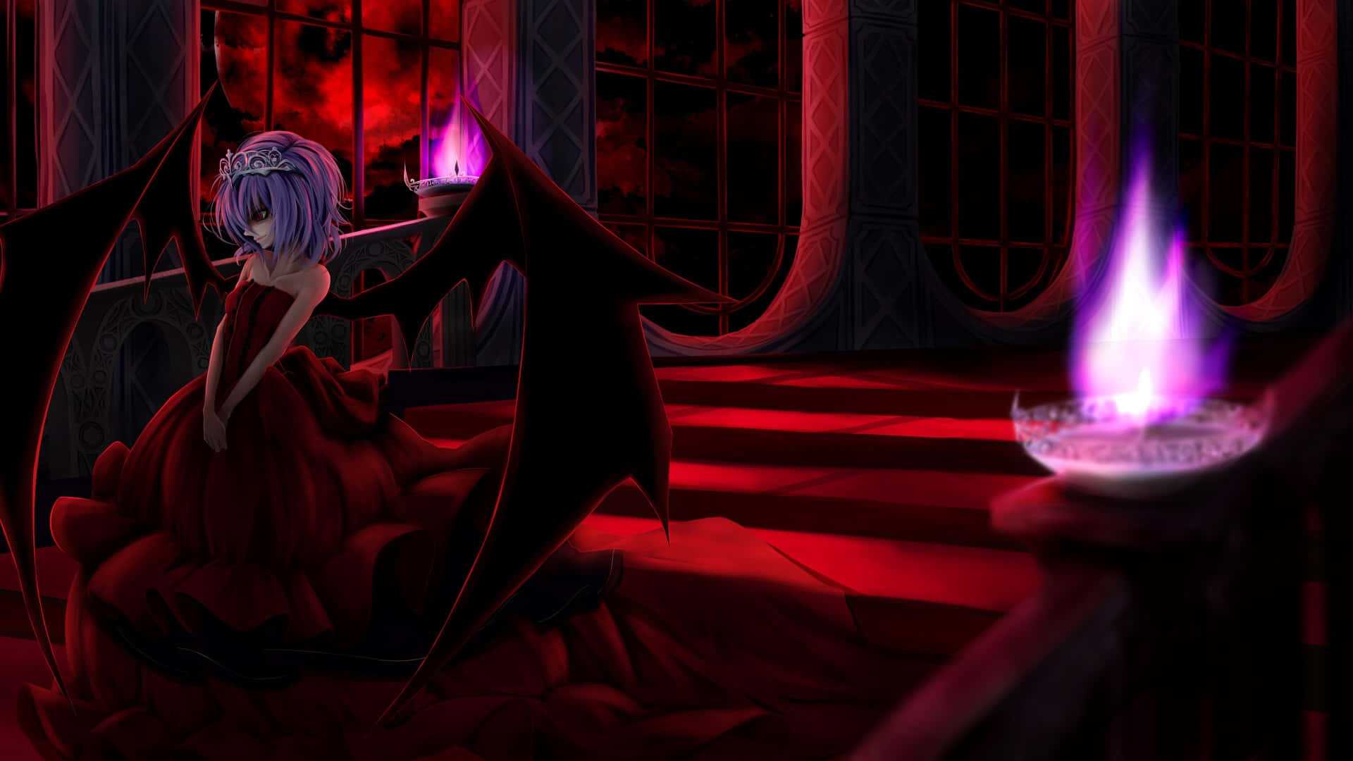 Goth Anime Girl, purple-haired, black bat wings, Full HD Desktop Wallpaper